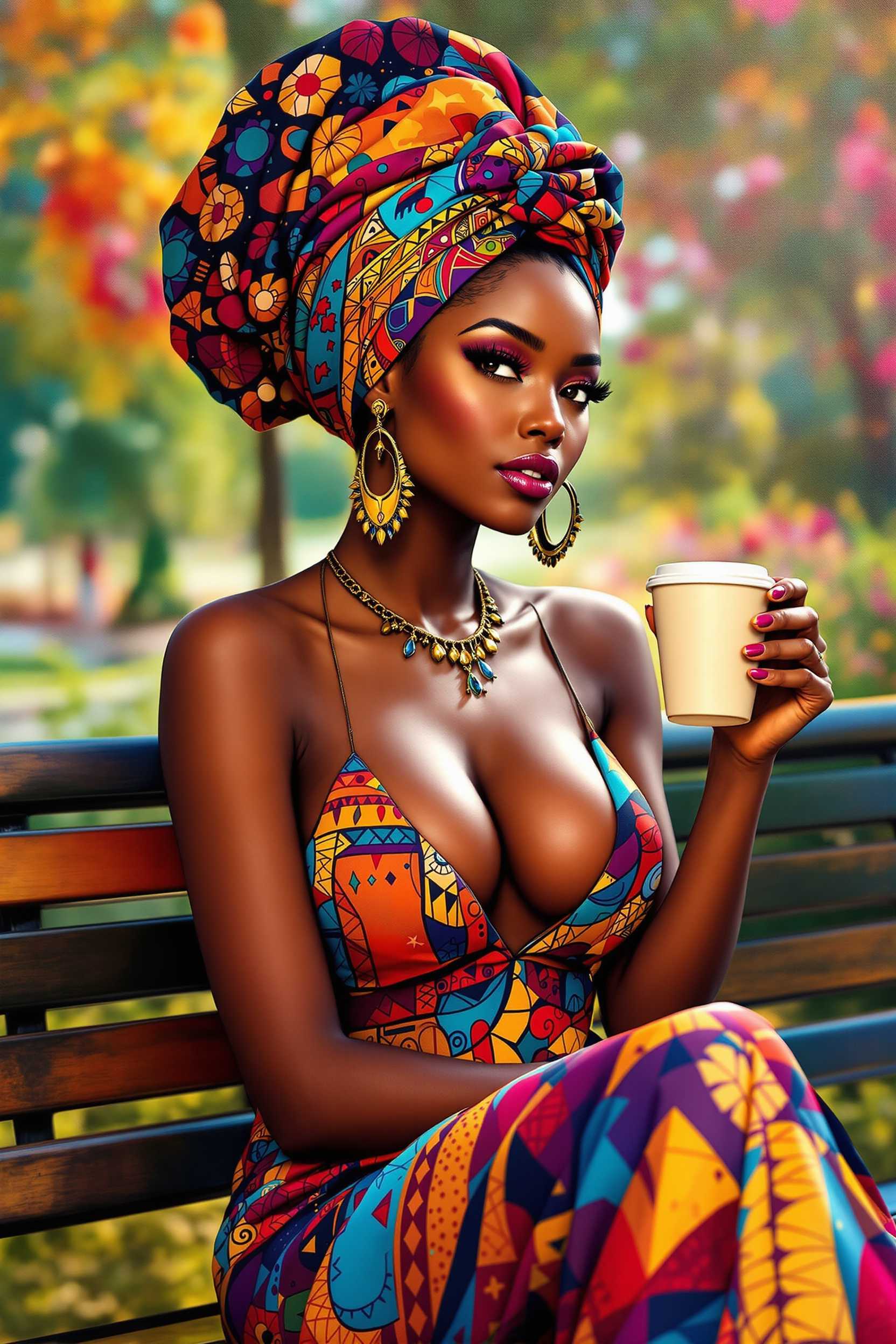 Stylish Woman in Colorful Dress and Headwrap, Sitting on Bench with Cup of Coffee