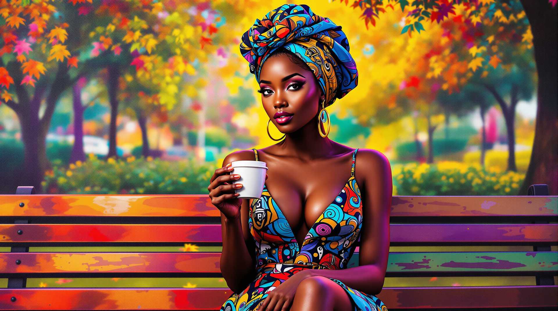 

A beautiful African American light brown skin woman with a low cut dress,an intricate head scarf, holding a cup of coffee in her hand. She is surrounded by vibrant colors and patterns, creating a lively atmosphere that reflects the energy of contemporary art.A colorful depiction of a beautiful African American woman in the style of Afrocentricity, presented as a digital print on canvas.She is sitting on a park bench with Deadpool!



