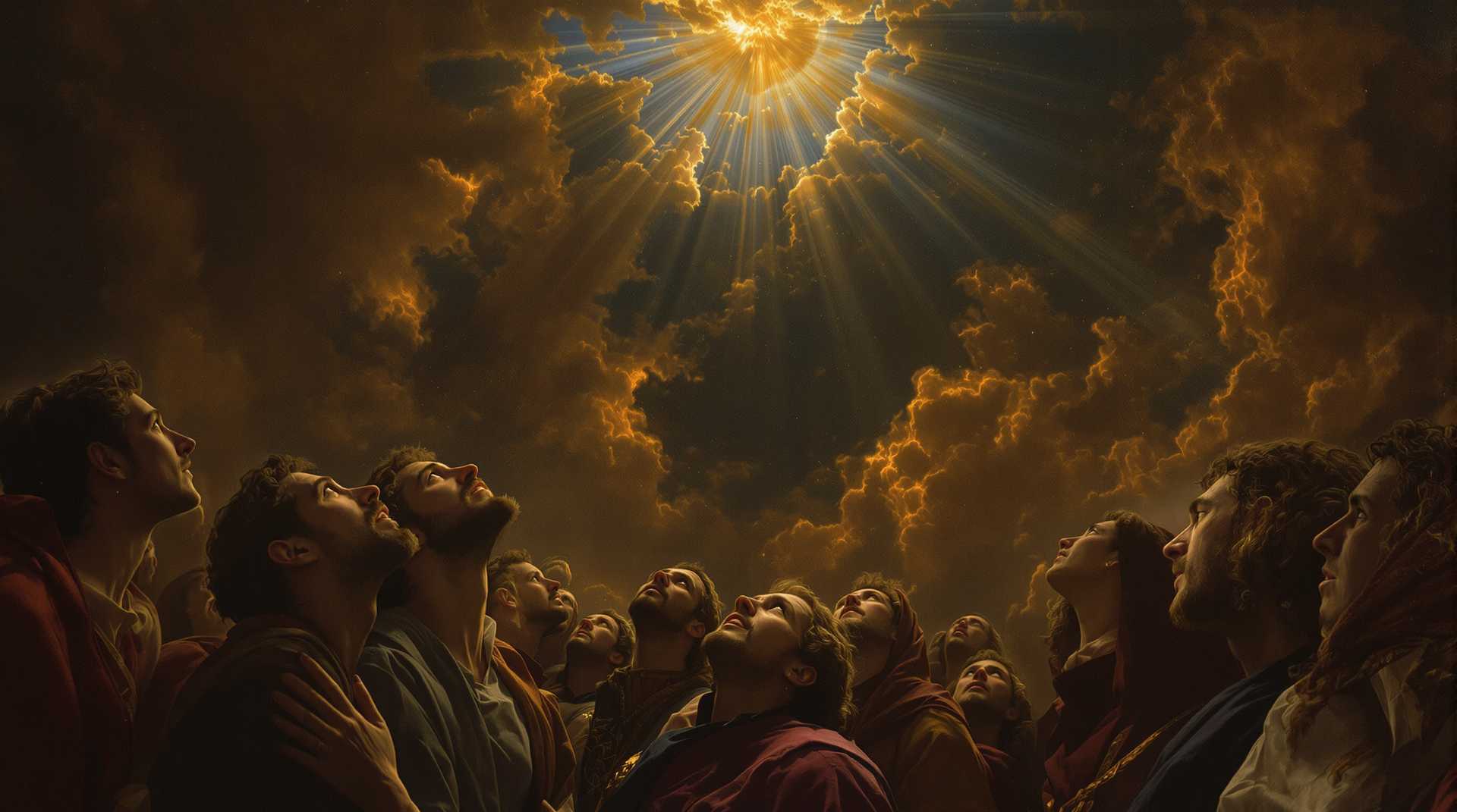 


"A Renaissance-style painting of a crowd of 10 people looking up towards the sky with expressions of awe, devotion, and reverence. The crowd is depicted with intricate details, wearing traditional clothing from the Renaissance period, with realistic faces full of emotion. Dramatic chiaroscuro lighting enhances the scene, casting deep shadows and illuminating their faces in a warm, almost divine glow. The sky above is vast and majestic, creating a sense of mystery and wonder. The atmosphere is intense, capturing the human spirit in a moment of deep admiration and spiritual yearning, as painted by a master artist from the Renaissance era.

