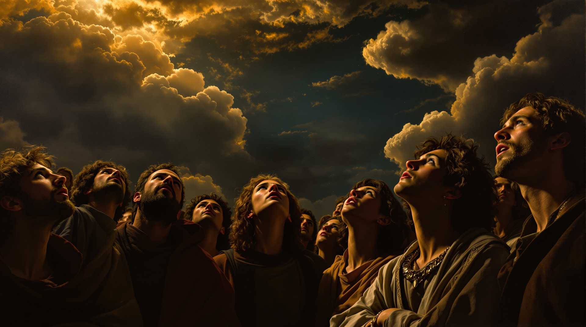 


"A Renaissance-style painting of a crowd of 10 people looking up towards the sky with expressions of awe, devotion, and reverence. The crowd is depicted with intricate details, wearing traditional clothing from the Renaissance period, with realistic faces full of emotion. Dramatic chiaroscuro lighting enhances the scene, casting deep shadows and illuminating their faces in a warm, almost divine glow. The sky above is vast and majestic, creating a sense of mystery and wonder. The atmosphere is intense, capturing the human spirit in a moment of deep admiration and spiritual yearning, as painted by a master artist from the Renaissance era.

