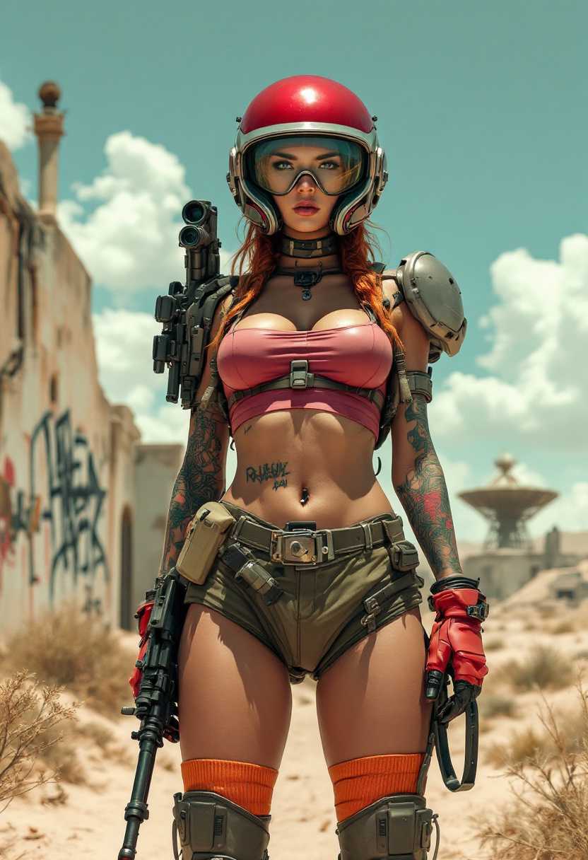 Superfine retro pulp-art sci-fi photo. From far front side view. Full body view. Detailed gear and M4-rifle+scope. Metal smooth red helmet with transparent visor, olive sportshorts girl attractive, orange knee-socks, tattoos, orange-hair detailed focus-eyes. Dust bluish sky. Another slinky-dimension. Abandoned radio telescope station. Whimsical dark alien city in far background. Grey-beige concrete graffiti wall. Very detailed. xHDRi.
