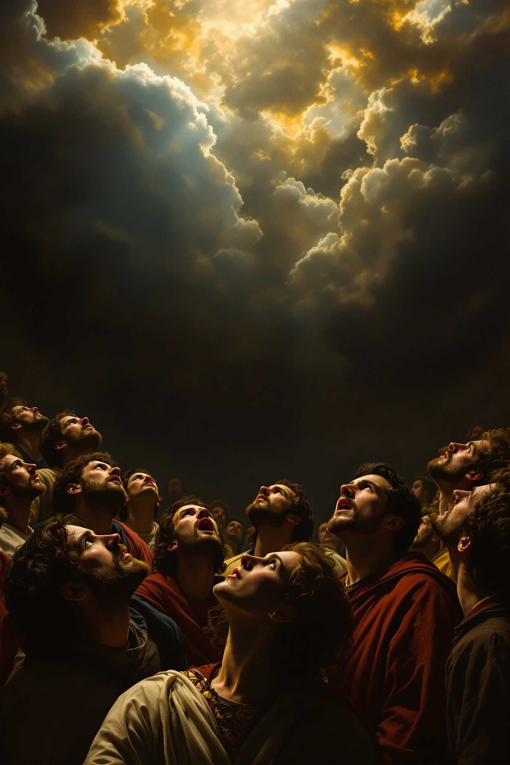


"A Renaissance-style painting of a crowd of 10 people looking up towards the sky with expressions of awe, devotion, and reverence. The crowd is depicted with intricate details, wearing traditional clothing from the Renaissance period, with realistic faces full of emotion. Dramatic chiaroscuro lighting enhances the scene, casting deep shadows and illuminating their faces in a warm, almost divine glow,as Superman comes down to earth.The sky above is vast and majestic, creating a sense of mystery and wonder. The atmosphere is intense, capturing the human spirit in a moment of deep admiration and spiritual yearning, as painted by a master artist from the Renaissance era.


