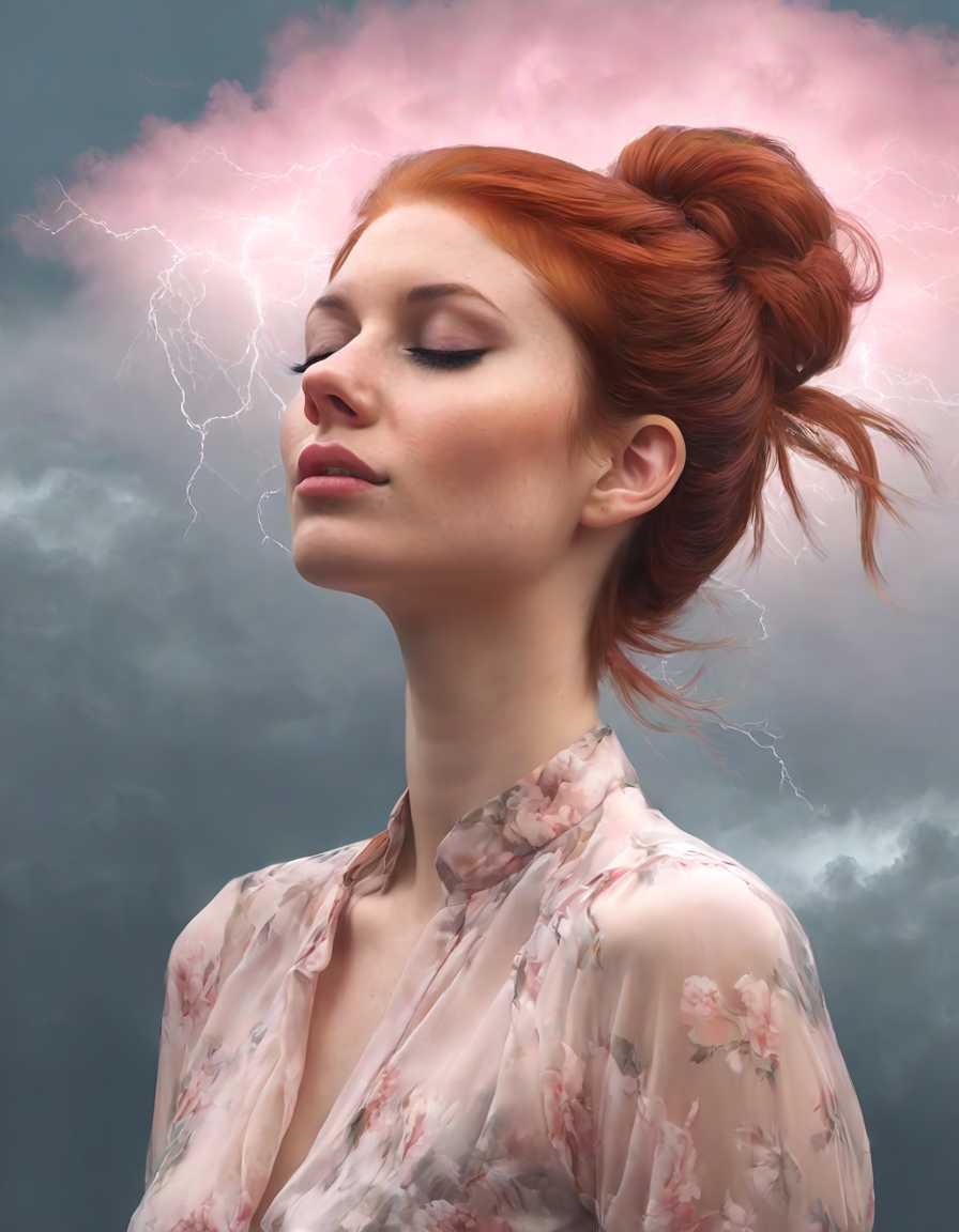 a photo of EmilyXL "foggy, surreal dream, double exposure, living in a thunder cloud a highly detailed digital illustration depicting a woman with a slender, toned physique and fair skin, she has long, straight, auburn hair tied in a high ponytail, and her eyes are closed, giving her a serene and contemplative expression, her lips are full , with a natural pink hue, she wears a black baseball cap and a black, sleeveless crop top that accentuates her small to medium-sized breasts, the top is made of a shiny, reflective material, suggesting a high-quality fabric, around her neck is a black choker, adding a touch of edginess to her appearance, the background is a gradient of dark to light brown, creating a stark contrast with her light skin and the dark background, the lighting is soft and warm, casting gentle shadows that accentuate her curves and the texture of her clothing, the overall style of the illustration is realistic with a slight emphasis on hyperrealism, capturing fine details and textures