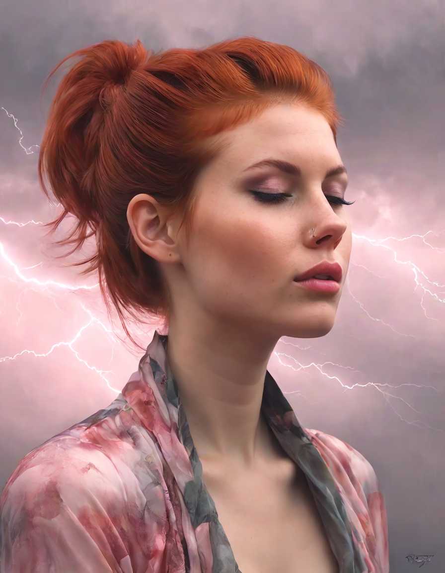 a photo of EmilyXL "foggy, surreal dream, double exposure, living in a thunder cloud a highly detailed digital illustration depicting a woman with a slender, toned physique and fair skin, she has long, straight, auburn hair tied in a high ponytail, and her eyes are closed, giving her a serene and contemplative expression, her lips are full , with a natural pink hue, she wears a black baseball cap and a black, sleeveless crop top that accentuates her small to medium-sized breasts, the top is made of a shiny, reflective material, suggesting a high-quality fabric, around her neck is a black choker, adding a touch of edginess to her appearance, the background is a gradient of dark to light brown, creating a stark contrast with her light skin and the dark background, the lighting is soft and warm, casting gentle shadows that accentuate her curves and the texture of her clothing, the overall style of the illustration is realistic with a slight emphasis on hyperrealism, capturing fine details and textures