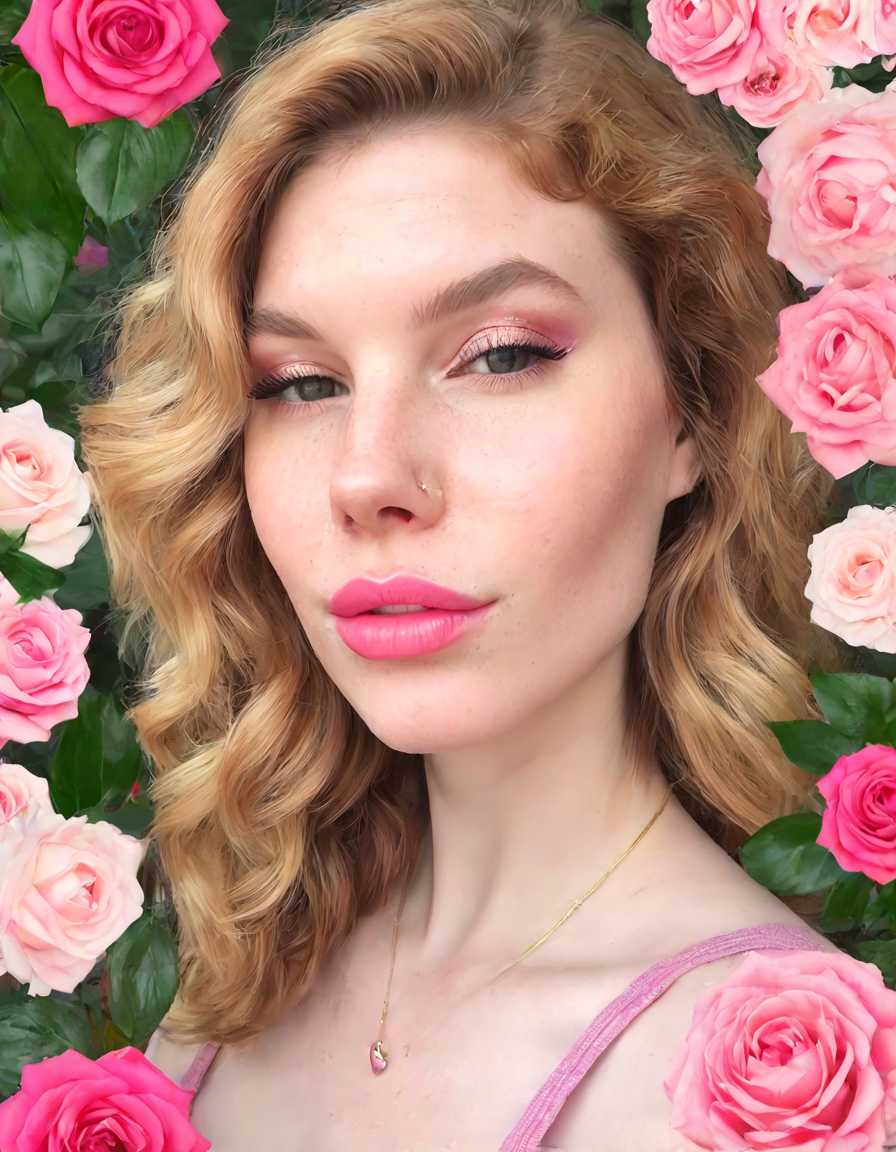 a photo of EmilyXL's face , her lips outlined with luxurious pink lip gloss. As the lip gloss touches her glossy wet lips, The scene is highly detailed, with a focus on the soft texture of the lips and the rich, smooth line being drawn by the lip gloss . The background is softly blurred, drawing attention to the blooming effect around the lips, she wears a black choker with a ring in the front and the word 'CUMSLUT' in gold letters clearly visible.
