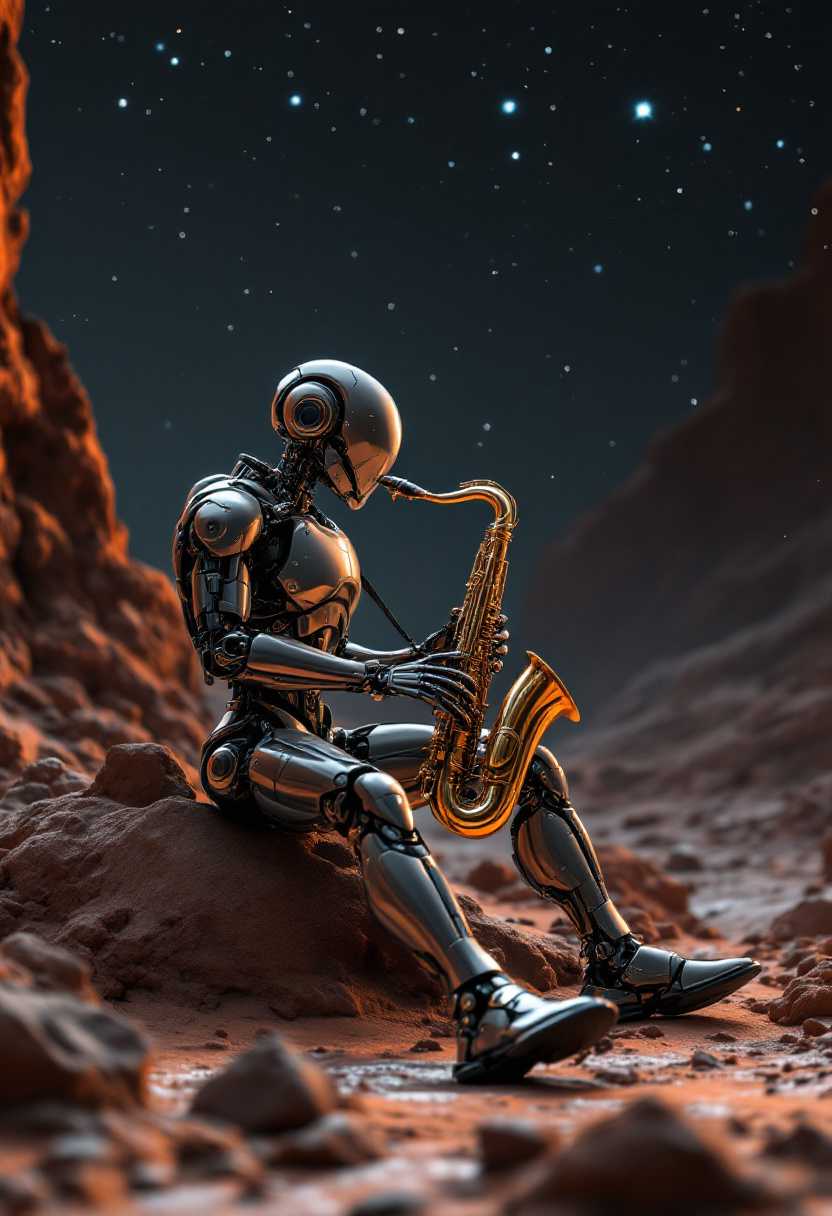 3D render of a solitary cyborg passionately playing the saxophone on a rock,on the barren and rocky surface of Mars' moon, Deimos, under the vast expanse of space. The scene is bathed in dramatic, cinematic lighting that accentuates the metallic sheen and intricate components of the ,cyborg reflecting off the saxophone's polished brass. The composition captures an elevated camera angle that frames the robot in the foreground while showcasing the rugged, cratered landscape and star-studded cosmic backdrop. A hyper-realistic style brings out ultra-detailed textures and depth, enhanced by an 8k resolution that immerses the viewer in this otherworldly setting. The mood is contemplative, evoking a sense of solitude and wonder as the soft, ambient lighting from distant stars casts ethereal shadows across the scene, amplifying the science fiction atmosphere.