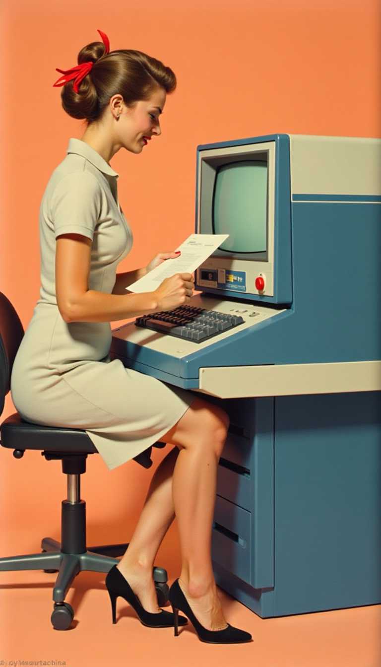 This image depicts a scene from the past, likely from the mid20th century, given the style of the clothing and the technology present. The art style is reminiscent of a vintage advertisement or a corporate promotional piece, with a focus on the product and the person interacting with it. The medium appears to be a photograph, possibly taken in a studio setting.The colors in the image are warm and muted, with a peach or terracotta background that contrasts with the cool tones of the computer and the subjects clothing. The computer itself has a striking design, with a blue and white color scheme and a prominent display screen. The keyboard is a dark shade, possibly black or dark gray, with a series of buttons and switches that are typical of older computer models.The subject of the image is a woman dressed in a shortsleeved, kneelength dress with a fitted bodice and a flared skirt. Her hair is styled in a neat bun with a red ribbon tied around it, which adds a pop of color to the otherwise subdued palette. She is seated at a desk, which has a simple design with a flat surface and a drawer underneath. The desk is elevated slightly, likely to accommodate the height of the computer.The woman is wearing black highheeled shoes, which are characteristic of the fashion of the time. She is holding a document in one hand, which she appears to be reviewing or inputting information into the computer with the other hand. The computers design suggests it may be a mainframe or a largescale computing device, which was common in the 1960s and 1970s