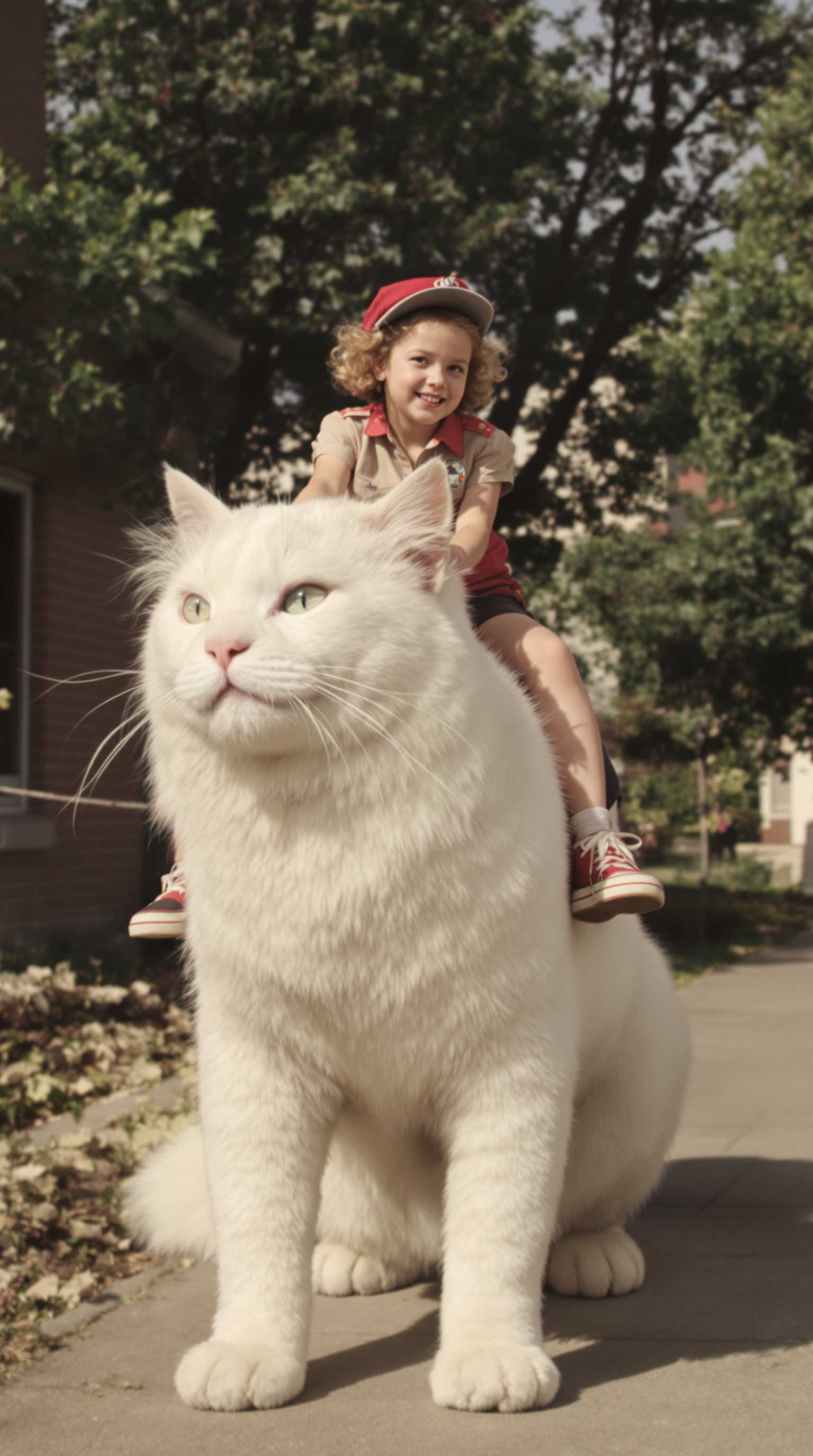 Cute little girl general riding a giant white cat, the 1950's full body shot, movie stills, highly realistic.

