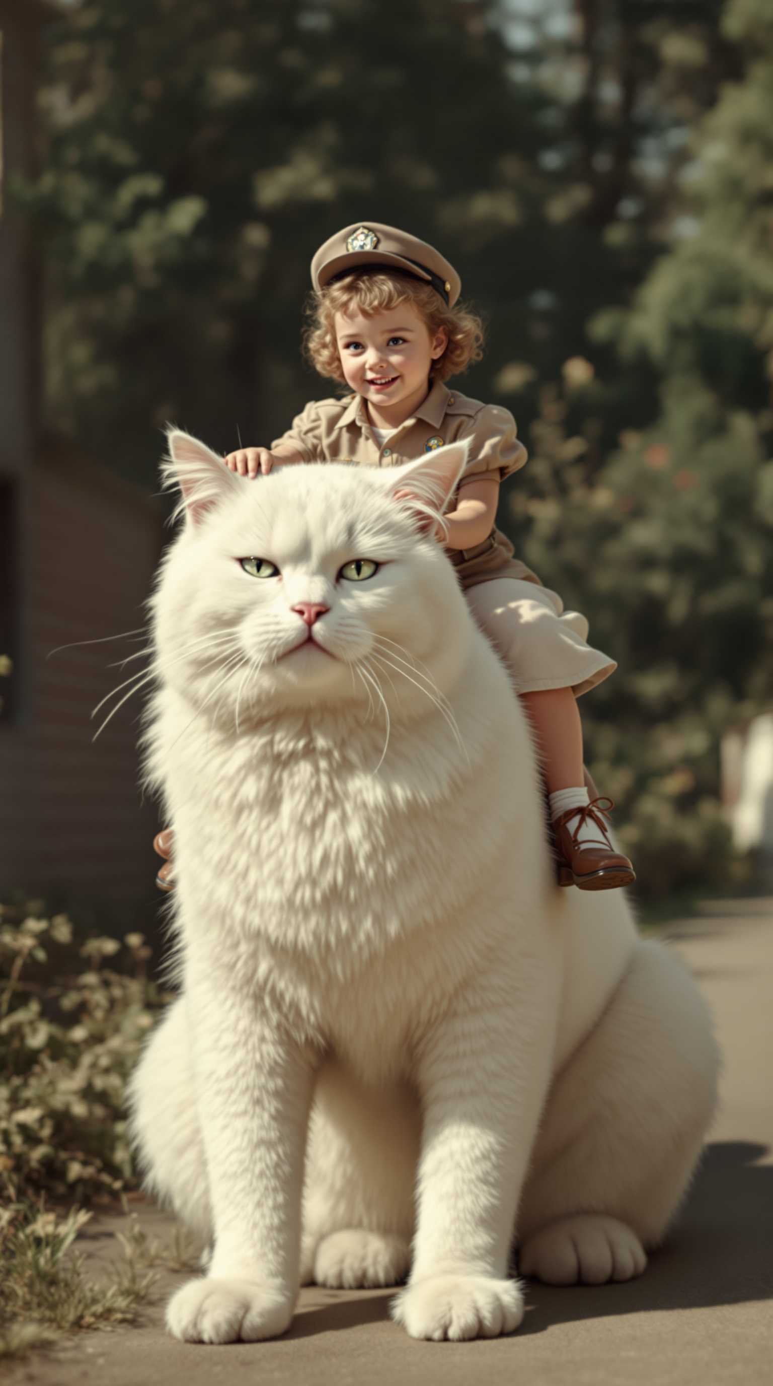 Adorable Little Girl Riding a Giant White Cat