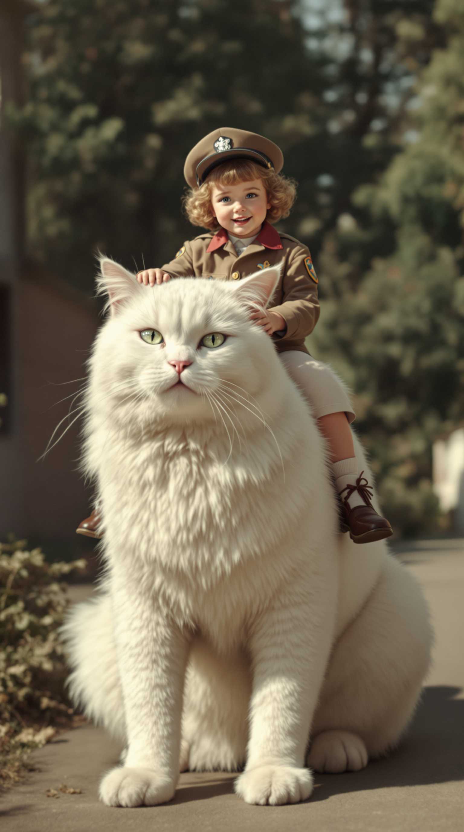 Cute little girl general riding a giant white cat, the 1950's,full body shot, movie stills, highly realistic.high detail.
