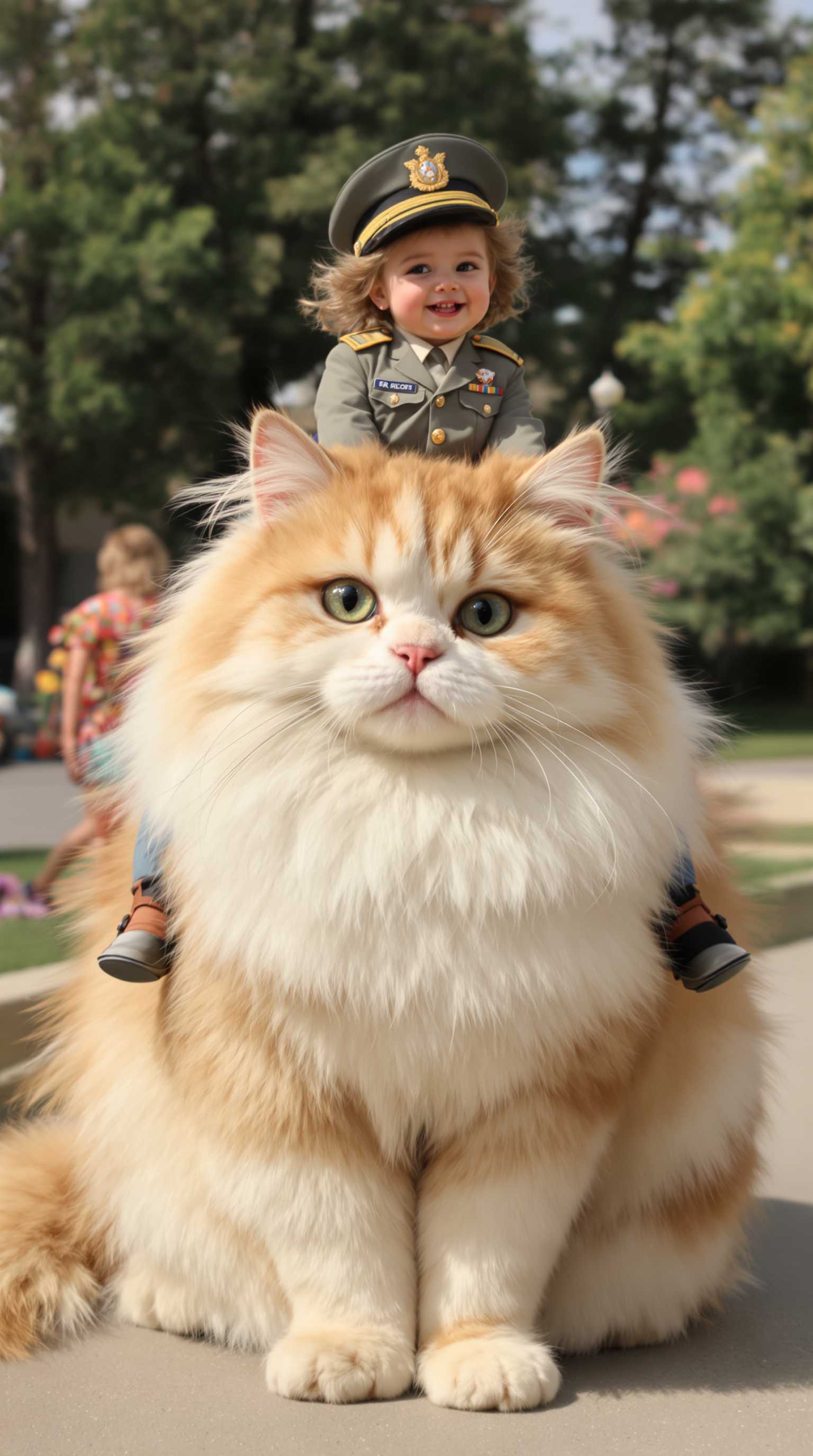 A cute little girl dressed as a general, wearing a miniature military uniform complete with a cap, is confidently riding atop a massive, fluffy white and orange cat. The cat has a gentle, almost regal demeanor, with its fur meticulously detailed to capture the softness and colors. The scene is set in the 1950s, with a vintage feel reminiscent of movie stills from that era. The composition is a full body shot, capturing the entirety of the girl and the cat, with a clear focus on their dynamic relationship. The background is softly blurred, suggesting a 1950s suburban neighborhood or playground. The lighting is bright and cinematic, enhancing the realism and detail of the textures in the clothing and fur, evoking a sense of nostalgia and whimsy. The scene is highly realistic, with intricate attention to each element to bring this imaginative scenario to life.