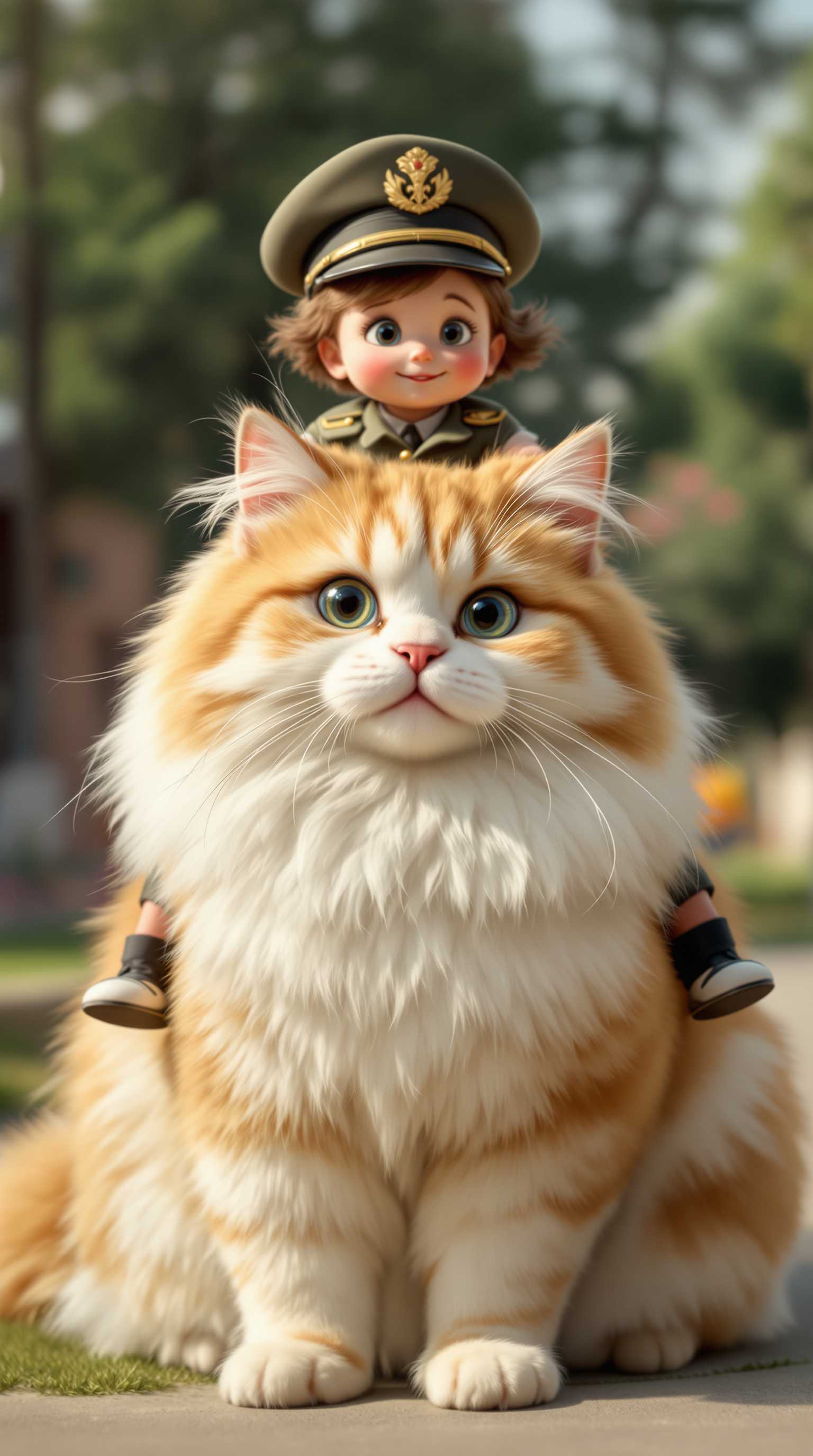 A cute little girl dressed as a general, wearing a miniature military uniform complete with a cap, is confidently riding atop a massive, fluffy white and orange cat. The cat has a gentle, almost regal demeanor, with its fur meticulously detailed to capture the softness and colors. The scene is set in the 1950s, with a vintage feel reminiscent of movie stills from that era. The composition is a full body shot, capturing the entirety of the girl and the cat, with a clear focus on their dynamic relationship. The background is softly blurred, suggesting a 1950s suburban neighborhood or playground. The lighting is bright and cinematic, enhancing the realism and detail of the textures in the clothing and fur, evoking a sense of nostalgia and whimsy. The scene is highly realistic, with intricate attention to each element to bring this imaginative scenario to life.