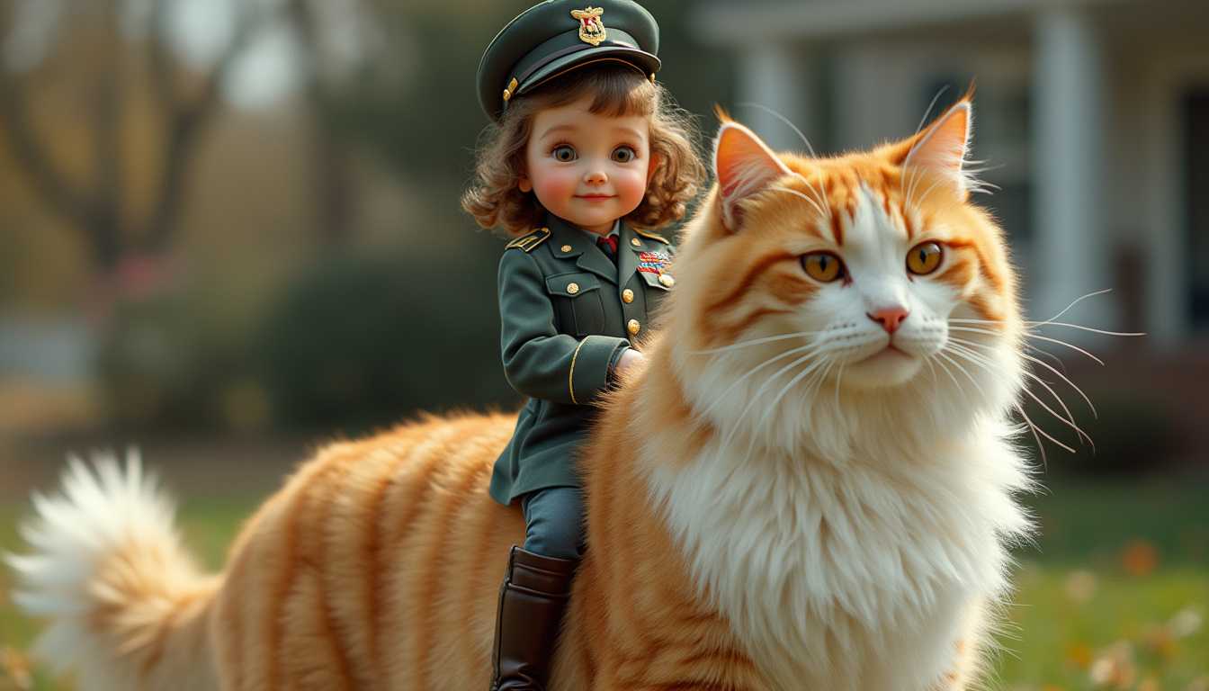 A cute little girl dressed as a general, wearing a miniature military uniform complete with a cap, is confidently riding atop a massive, fluffy white and orange cat. The cat has a gentle, almost regal demeanor, with its fur meticulously detailed to capture the softness and colors. The scene is set in the 1950s, with a vintage feel reminiscent of movie stills from that era. The composition is a full body shot, capturing the entirety of the girl and the cat, with a clear focus on their dynamic relationship. The background is softly blurred, suggesting a 1950s suburban neighborhood or playground. The lighting is bright and cinematic, enhancing the realism and detail of the textures in the clothing and fur, evoking a sense of nostalgia and whimsy. The scene is highly realistic, with intricate attention to each element to bring this imaginative scenario to life.