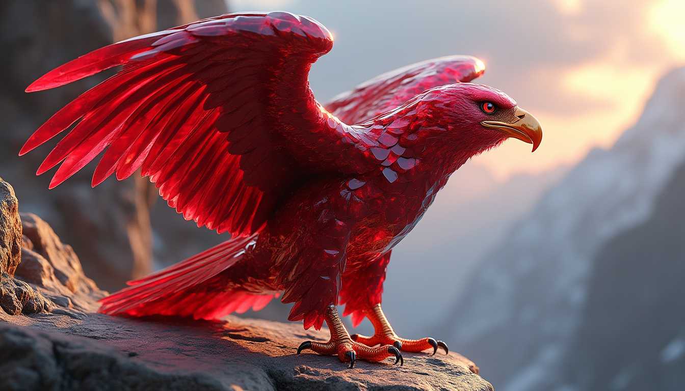 Create a highly realistic and detailed image of a majestic eagle with its entire body crafted from shiny, luxurious ruby gemstone. The eagle’s form should showcase its powerful and elegant posture, with wings outstretched or perched confidently. The ruby surface is polished and faceted, reflecting light in vibrant red hues, giving the eagle an iridescent, jewel-like appearance. Each feather appears as an intricately carved ruby, shimmering with depth and brilliance. The eagle's sharp eyes and beak remain detailed to highlight its commanding presence. Place this ruby eagle in a mountainous or rocky cliffside setting, with a wide view of the sky and subtle sunlight casting golden highlights, emphasizing the eagle’s grandeur and its natural habitat. Render in a photorealistic style, focusing on intricate textures, light play, and the dramatic balance between the gemstone's luxurious appearance and the eagle's natural strength.

