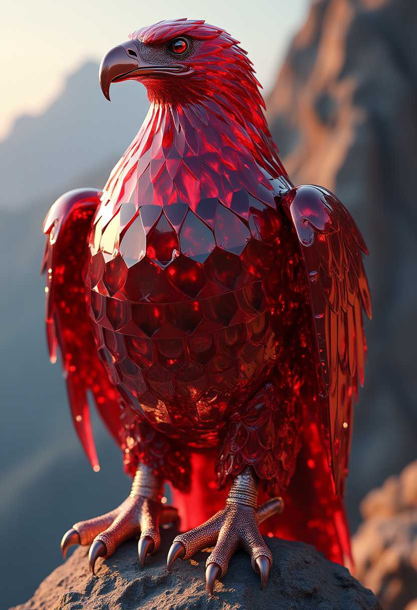 Create a highly realistic and detailed image of a majestic eagle with its entire body crafted from shiny, luxurious ruby gemstone. The eagle’s form should showcase its powerful and elegant posture, with wings outstretched or perched confidently. The ruby surface is polished and faceted, reflecting light in vibrant red hues, giving the eagle an iridescent, jewel-like appearance. Each feather appears as an intricately carved ruby, shimmering with depth and brilliance. The eagle's sharp eyes and beak remain detailed to highlight its commanding presence. Place this ruby eagle in a mountainous or rocky cliffside setting, with a wide view of the sky and subtle sunlight casting golden highlights, emphasizing the eagle’s grandeur and its natural habitat. Render in a photorealistic style, focusing on intricate textures, light play, and the dramatic balance between the gemstone's luxurious appearance and the eagle's natural strength.

