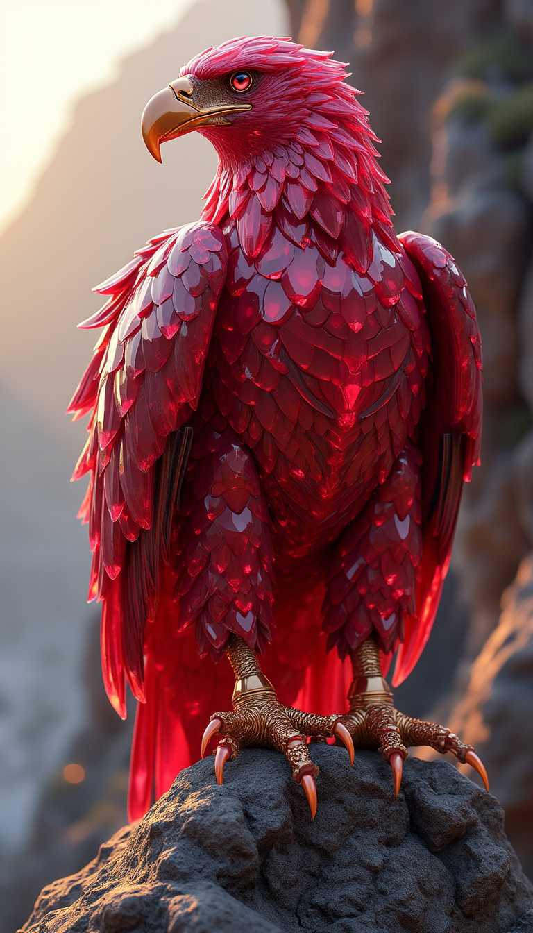 Create a highly realistic and detailed image of a majestic eagle with its entire body crafted from shiny, luxurious ruby gemstone. The eagle’s form should showcase its powerful and elegant posture, with wings outstretched or perched confidently. The ruby surface is polished and faceted, reflecting light in vibrant red hues, giving the eagle an iridescent, jewel-like appearance. Each feather appears as an intricately carved ruby, shimmering with depth and brilliance. The eagle's sharp eyes and beak remain detailed to highlight its commanding presence. Place this ruby eagle in a mountainous or rocky cliffside setting, with a wide view of the sky and subtle sunlight casting golden highlights, emphasizing the eagle’s grandeur and its natural habitat. Render in a photorealistic style, focusing on intricate textures, light play, and the dramatic balance between the gemstone's luxurious appearance and the eagle's natural strength.

