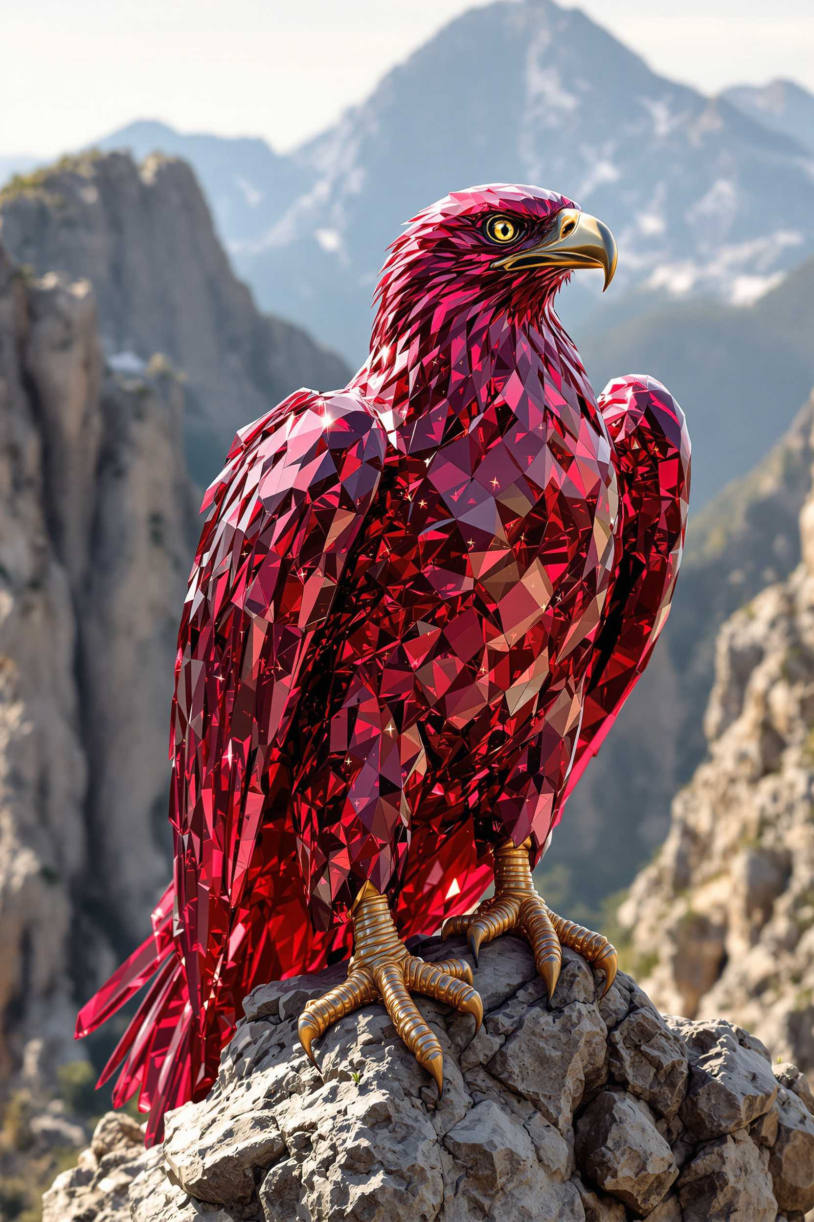 Create a highly realistic and detailed image of a majestic eagle with its entire body crafted from shiny, luxurious ruby gemstone. The eagle’s form should showcase its powerful and elegant posture, with wings outstretched or perched confidently. The ruby surface is polished and faceted, reflecting light in vibrant red hues, giving the eagle an iridescent, jewel-like appearance. Each feather appears as an intricately carved ruby, shimmering with depth and brilliance. The eagle's sharp eyes and beak remain detailed to highlight its commanding presence. Place this ruby eagle in a mountainous or rocky cliffside setting, with a wide view of the sky and subtle sunlight casting golden highlights, emphasizing the eagle’s grandeur and its natural habitat. Render in a photorealistic style, focusing on intricate textures, light play, and the dramatic balance between the gemstone's luxurious appearance and the eagle's natural strength.

