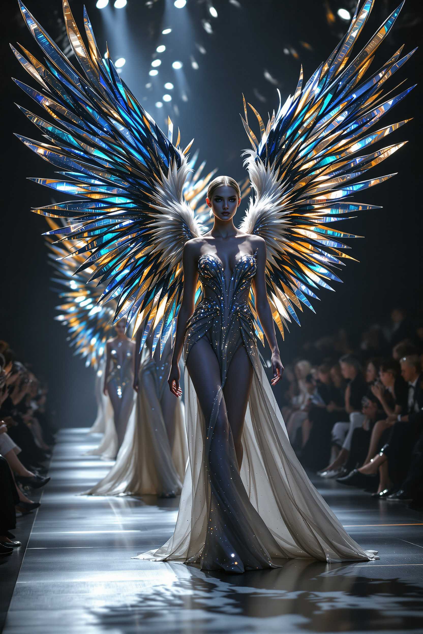 A surreal fashion show scene featuring models with magnificent, ethereal wings strutting down the catwalk. The wings are intricately detailed, resembling angelic or mythical avian creatures, with shimmering feathers in iridescent hues of silver, gold, and midnight blue. The setting is a modern, sleek runway, highlighted with dramatic, high-fashion lighting that casts intriguing shadows and emphasizes the textural richness of the wings. The camera angle is low-to-mid, capturing the elegance and poise of the models from a slightly upward perspective. The atmosphere exudes a sense of otherworldly sophistication and avant-garde fantasy. The overall tone is elegant and dreamlike, blending elements of haute couture with fantastical imagery.