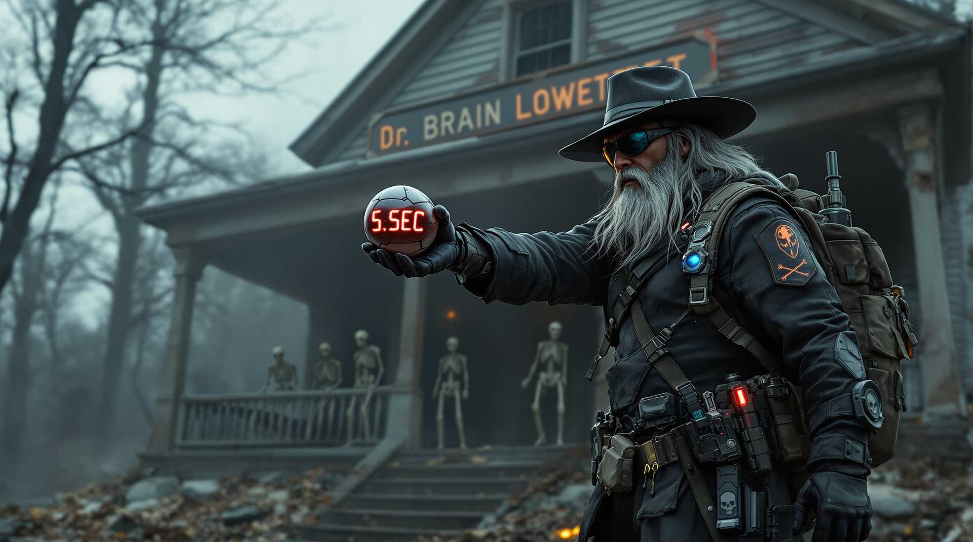 masterpiece, best quality, highres, sharp image, more detail <lora:more_details:0.5> <lora:SDXLrender_v2.0:1>
"Eerie, cinematic, photorealistic, hyperrealistic."

gun fu, sTEFFn shoots with revolvers, bullet spinning forward through the air hit skull head so it cracks ,SteffN trigger finger pulls REVOLVER TRIGGER WHEN HE SHOOTS, THE ARM AND GUN MOVING SLIGHLY UP WHEN HE SHOOTS, man turns head and screams, laughs crazily, explosions, skeleton laughing, stretched-out arms, walking toward SteffN, dog attacks zombie skeletons FROM BEHIND THEM, SteffN shoots skeleton head, HEADS explodes into fragments of broken skull in slow motion. 
In an abandoned wood cabin, a dusty classroom is dimly lit by ethereal lunar beams streaming through a window with torn curtains and spider webs, revealing dust particles in the air.

SteffN wears smoke-tinted AR sunglasses that shield his intense heterochromatic green and blue eyes. SteffN long grey hair with white streaks flows to his shoulders, and a 1/2 LONG  grey-white striped beard frames his determined expression. A wide-brimmed coal-black cowboy hat, detailed with intricate atompunk accents, casts a shadow over his face.

SteffN’s Enclave patch is visible on his shoulder. He carries a Brotherhood of Steel survival rucksack filled with various gear, a sci-fi revolver at his hip, and an LED-decked rifle slung across his back. Rugged military trousers and dark sci-fi MILITARY boots complete his battle-ready look. Rising from old dusty desks and encircling SteffN, the cultist skeletons, reanimated and moving with haunting purpose, advance toward him and his huskie, their bony hands reaching out menacingly.
A poster with text that Reads Minnesota Niceness, ALONG WITH A GUN SYMBOL.

SteffN and his large white huskie are suddenly surrounded by skeletal UFO cultists with eerie orange glowing eyes, summoned from the shadows to attack. SteffN, tall and fit, performs a ballet-like dance in his distinctive coal-black high-tech winter coat with glowing LED seams that faintly illuminate the decaying wooden interior.

eerie decor: a large sign above the door reads 'Dr. BRAIN LOWETT,' A poster featuring UFO imagery AND ALIEN EXPERIMETS, A BLUE PRINT FOR THE ASSASINATION OF kENNEDY.. Poison bottles with skull-and-crossbones icons, elixirs, vials, and syringes are scattered about, alongside old bloodstains on the floor and a blood-stained cloth nearby.

A poster labeled 'PIXEL MOJO' and another sign that reads 'S.T.A.L.K.E.R.' hang alongside a yellow radioactive HAZARD SYMBOL. A sign that reads 'Apollo 13' features an image of a 1960s-style Panavision rocket marked WIT TEXT THAT READS "Apollo 13" with a skull-and-crossbones icon. 

SteffN’s sci-fi drone is active, shooting at skeletons, causing them to break into thousands of bone fragments in an explosion.

His large white huskie, with bright, pure white fur and typical long legs for its breed, has a softly glowing smart LED collar matching the dim lighting, as it ATTAC SKELETONS.