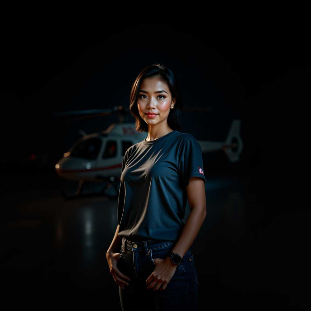 a photo of Lamai, A disaster relief effort. a pretty helicopter pilot is making eye contact with the camera. There was a helicopter in the background.