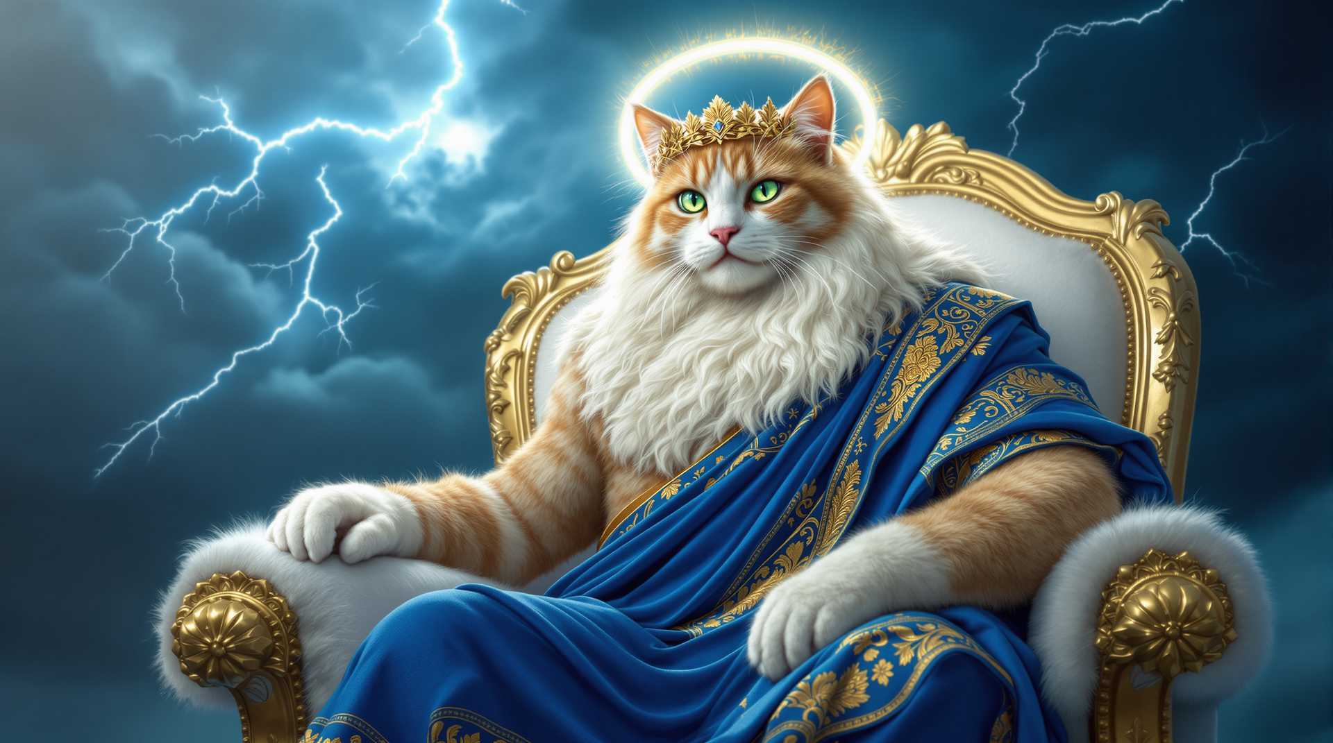 A regal and muscular King of the Gods cat, with piercing emerald green eyes and a short, fluffy white beard, wears a flowing, intricately embroidered toga in shades of royal blue and gold, reminiscent of ancient Greek Zeus, complete with a delicate laurel wreath on its head. Its glowing white mane, resembling a halo, radiates a soft, ethereal light, as it sits majestically on a plush, white cloud throne with golden accents, adorned with delicate, wispy strands of cloud. One of its powerful paws grasps a tiny, shimmering lightning bolt, crackling with electricity, while the other paw rests on the throne's armrest. In the background, a dramatic thunderstorm rages, with dark, billowy clouds and flashes of brilliant lightning illuminating the sky.
