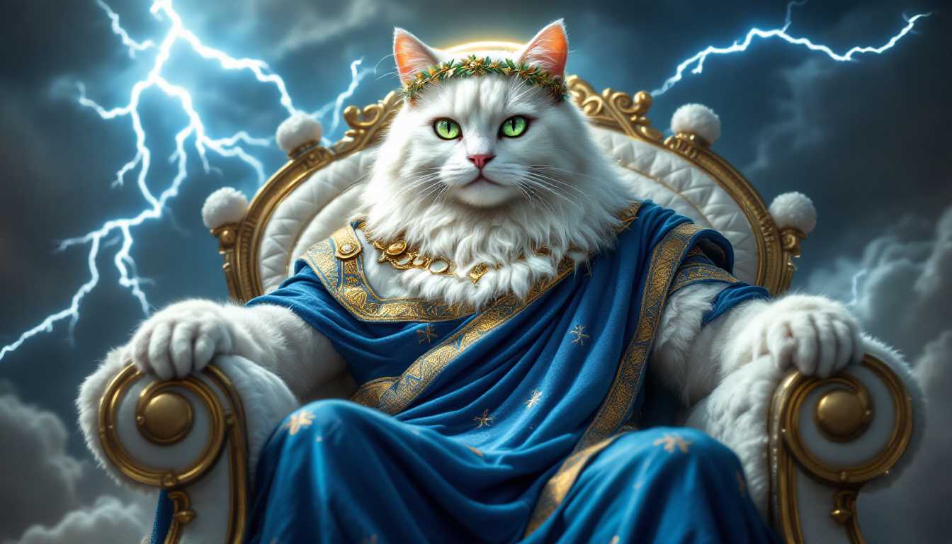A regal and muscular King of the Gods cat, with piercing emerald green eyes and a short, fluffy white beard, wears a flowing, intricately embroidered toga in shades of royal blue and gold, reminiscent of ancient Greek Zeus, complete with a delicate laurel wreath on its head. Its glowing white mane, resembling a halo, radiates a soft, ethereal light, as it sits majestically on a plush, white cloud throne with golden accents, adorned with delicate, wispy strands of cloud. One of its powerful paws grasps a tiny, shimmering lightning bolt, crackling with electricity, while the other paw rests on the throne's armrest. In the background, a dramatic thunderstorm rages, with dark, billowy clouds and flashes of brilliant lightning illuminating the sky.
