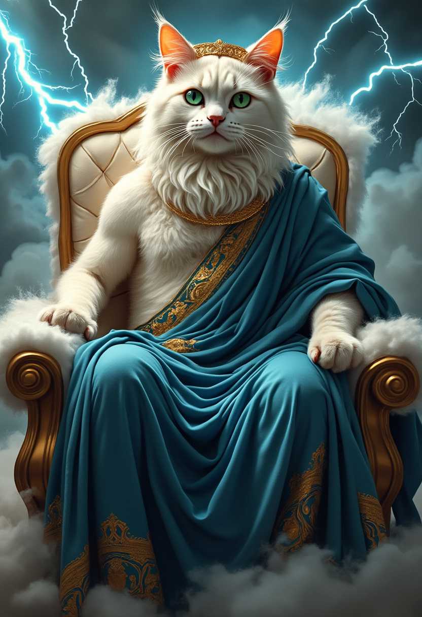 A regal and muscular King of the Gods cat, with piercing emerald green eyes and a short, fluffy white beard, wears a flowing, intricately embroidered toga in shades of royal blue and gold, reminiscent of ancient Greek Zeus, complete with a delicate laurel wreath on its head. Its glowing white mane, resembling a halo, radiates a soft, ethereal light, as it sits majestically on a plush, white cloud throne with golden accents, adorned with delicate, wispy strands of cloud. One of its powerful paws grasps a tiny, shimmering lightning bolt, crackling with electricity, while the other paw rests on the throne's armrest. In the background, a dramatic thunderstorm rages, with dark, billowy clouds and flashes of brilliant lightning illuminating the sky.
