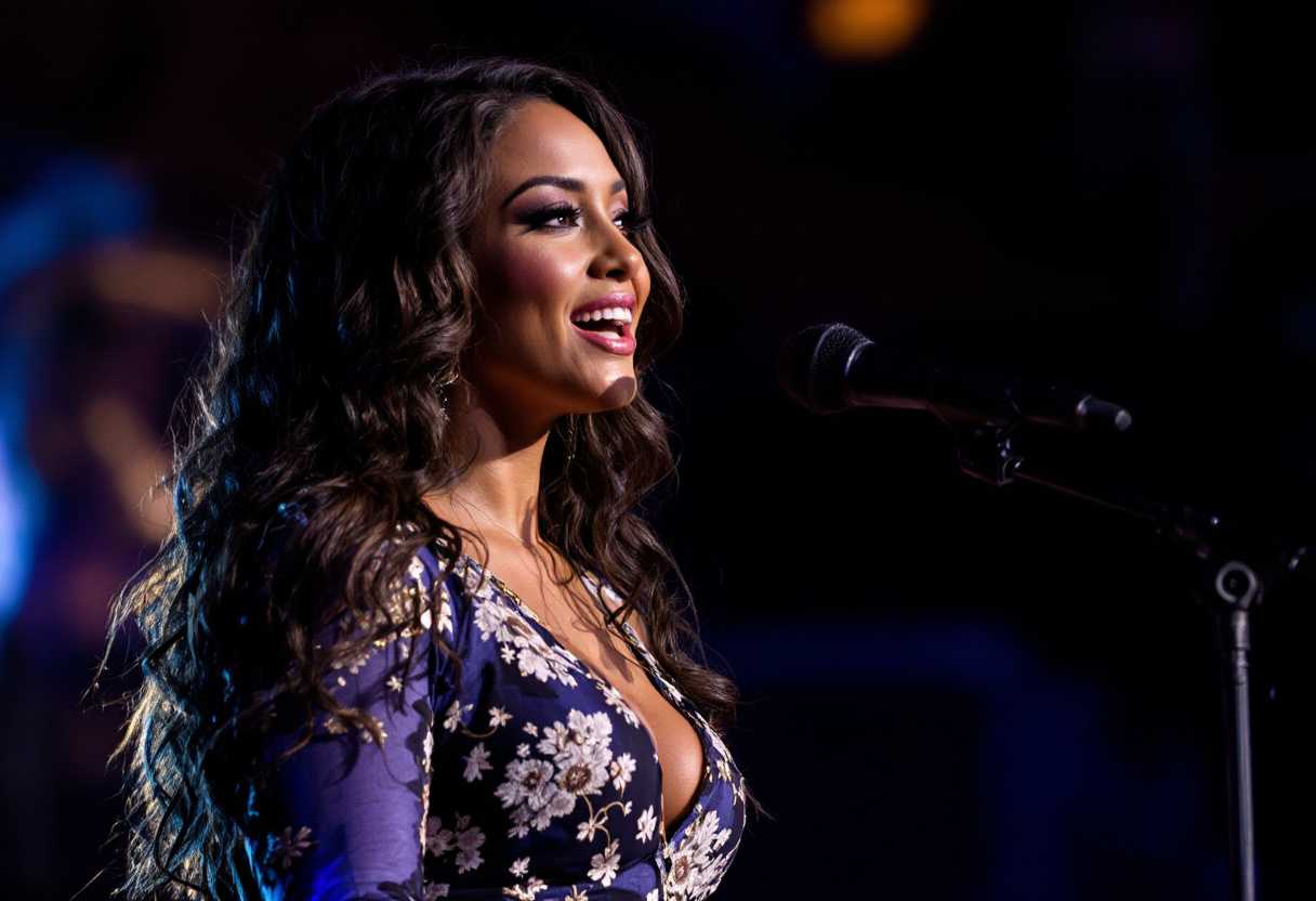 A beautiful woman sings into a mic, on stage.