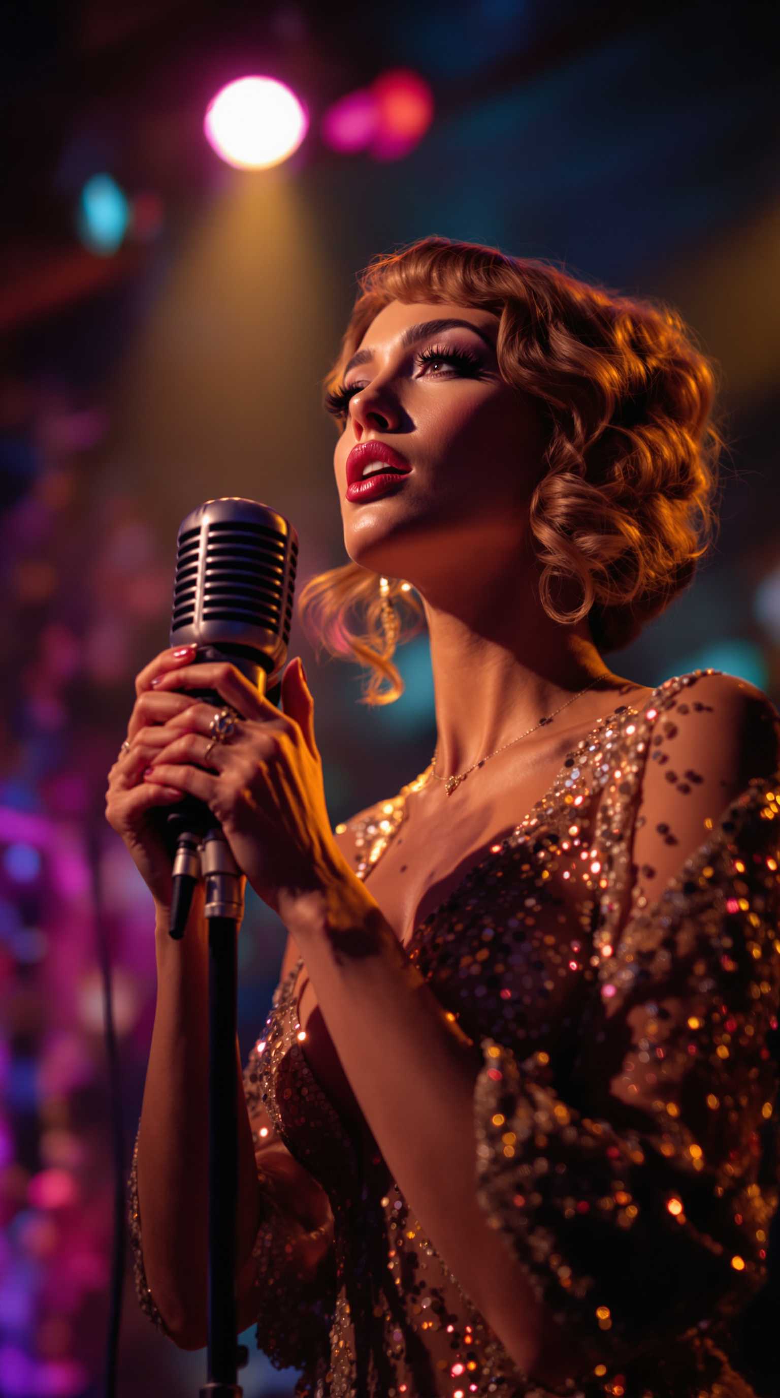 Singer on Stage with Microphone