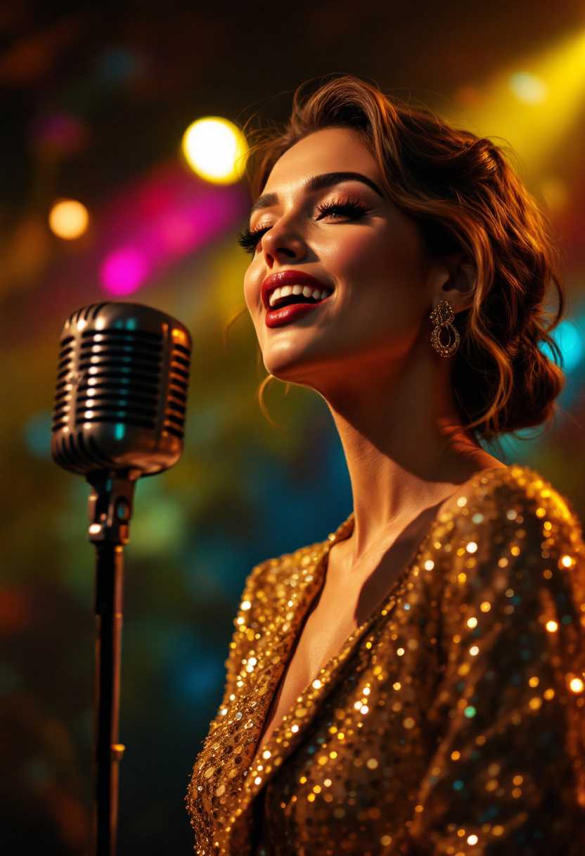 A captivating scene featuring a beautiful woman, her expressive features illuminated by a warm spotlight, as she sings passionately into a vintage microphone on stage. Her elegant outfit shimmers with intricate sequins reflecting the soft stage lighting. The background is a dreamy blur of vibrant colors, suggesting a lively audience and ornate stage decor. Capture her from a low angle, emphasizing her presence and the grandeur of her performance. The atmosphere is filled with warmth and energy, hinting at a nostalgic golden era jazz club. Employ a cinematic composition with soft focus and shallow depth of field to highlight her emotive connection to the audience.