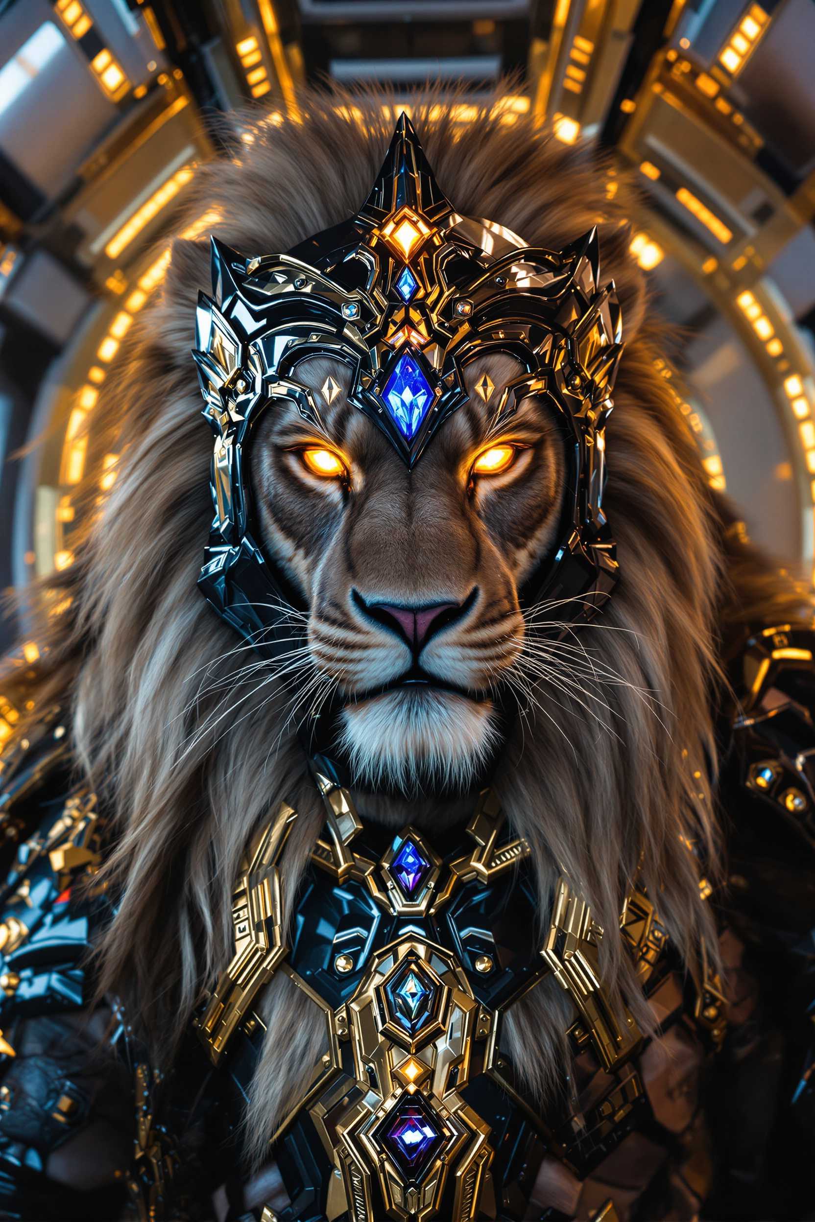 glory space lions wearing shiny black metalic helmet with glowing diamond and tigers white ,black standing their on feets huge and awesome mane and lion body inside space ship ,brave fierce eyes ,space lions and tiger wearinf shiny black glory costume golden indicen cinematic