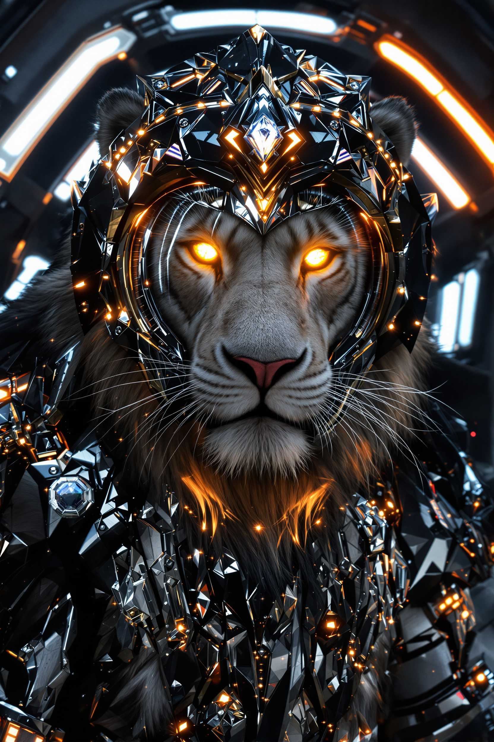 glory space lions wearing shiny black metalic helmet with glowing diamond and tigers white ,black standing their on feets huge and awesome mane and lion body inside space ship ,brave fierce eyes ,space lions and tiger wearinf shiny black glory costume golden indicen cinematic