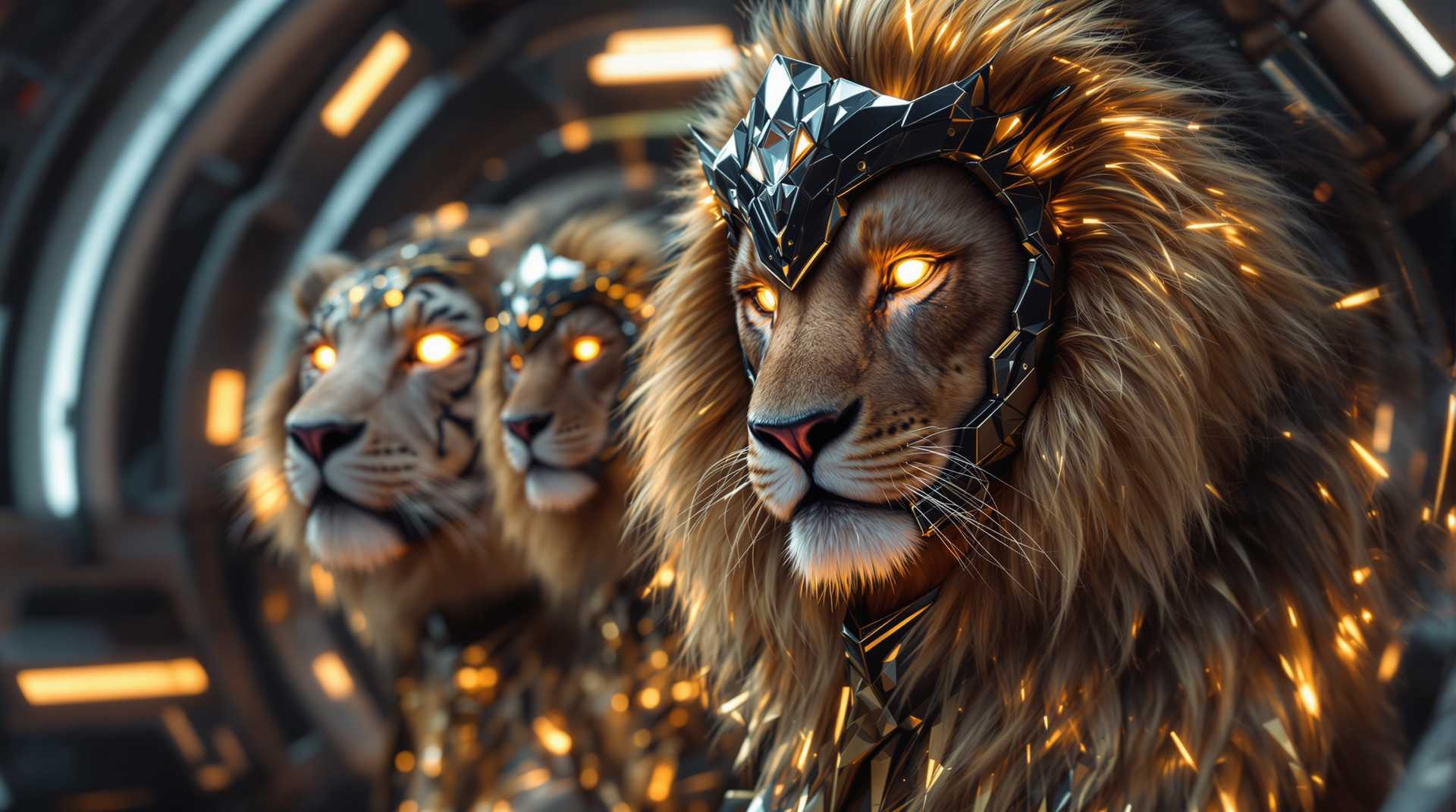 glory space lions wearing shiny black metalic helmet with glowing diamond and tigers white ,black standing their on feets huge and awesome mane and lion body inside space ship ,brave fierce eyes ,space lions and tiger wearinf shiny black glory costume golden indicen cinematic