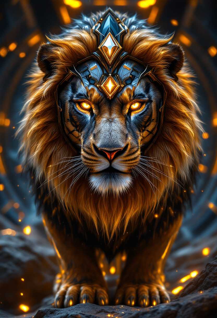 glory space lions wearing shiny black metalic helmet with glowing diamond and tigers white ,black standing their on feets huge and awesome mane and lion body inside space ship ,brave fierce eyes ,space lions and tiger wearinf shiny black glory costume golden indicen cinematic.