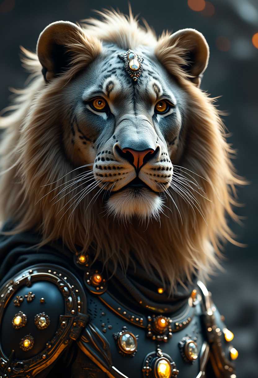 glory space lions wearing shiny black metalic helmet with glowing diamond and tigers white ,black standing their on feets huge and awesome mane and lion body inside space ship ,brave fierce eyes ,space lions and tiger wearinf shiny black glory costume golden indicen cinematic.