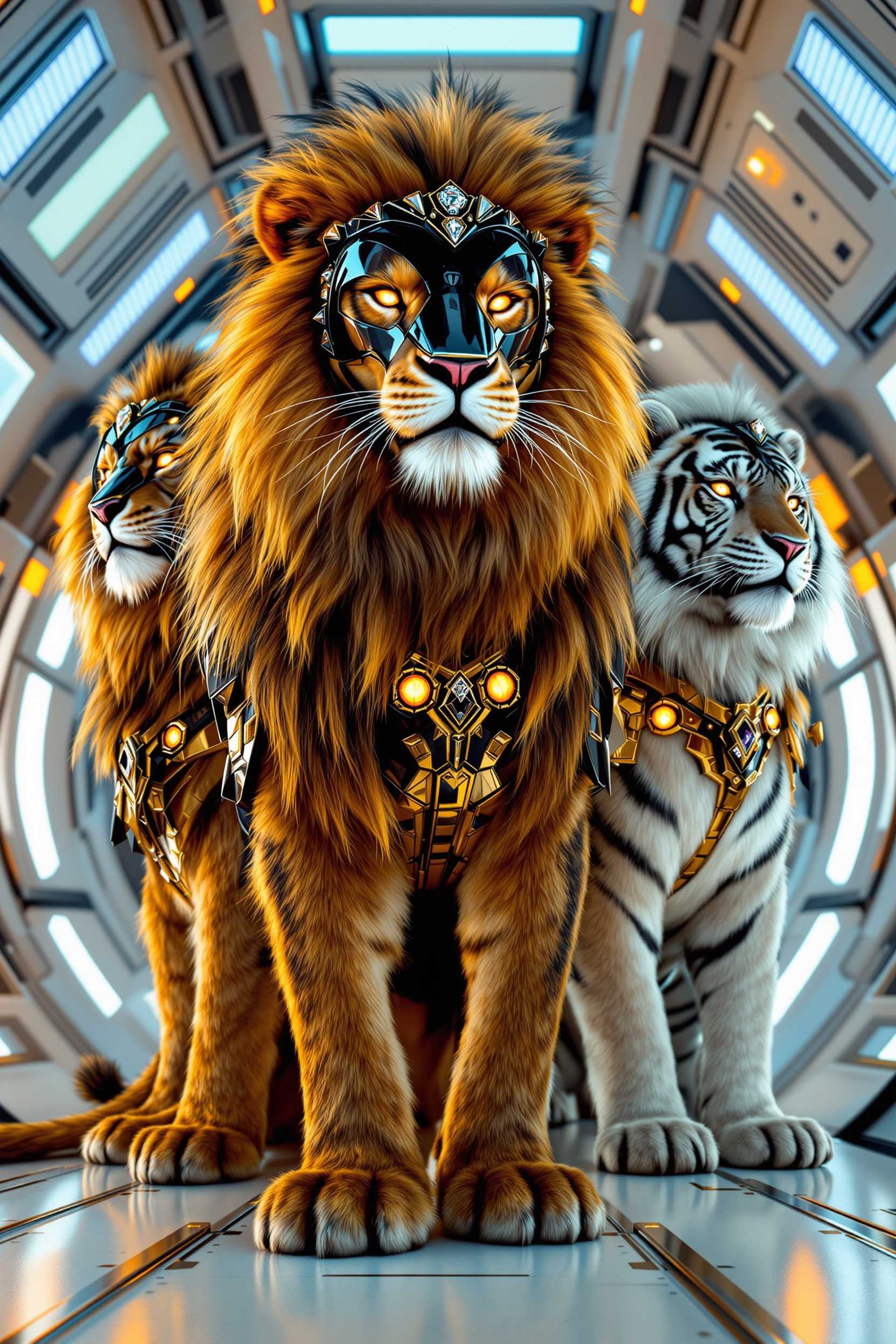 Epic scene depicting majestic space lions and tigers inside a futuristic spaceship. These regal creatures stand proudly on their hind legs, exuding a sense of grandeur and power. The lions wear glossy black metallic helmets adorned with glowing diamonds, highlighting their magnificent, flowing manes. In contrast, the tigers boast striking white and black fur, complementing their equally impressive black and golden attire. The intricate detailing of their costumes glistens against the ambient lighting of the spaceship's interior, creating a stunning visual effect. Cinematic framing captures the scene with close-up shots on their fierce, brave eyes, conveying a sense of regality and determination. The entire composition is rendered in high detail, with a vibrant color palette and dynamic lighting that accentuates the textures of the fur and metal, creating an awe-inspiring, otherworldly atmosphere.