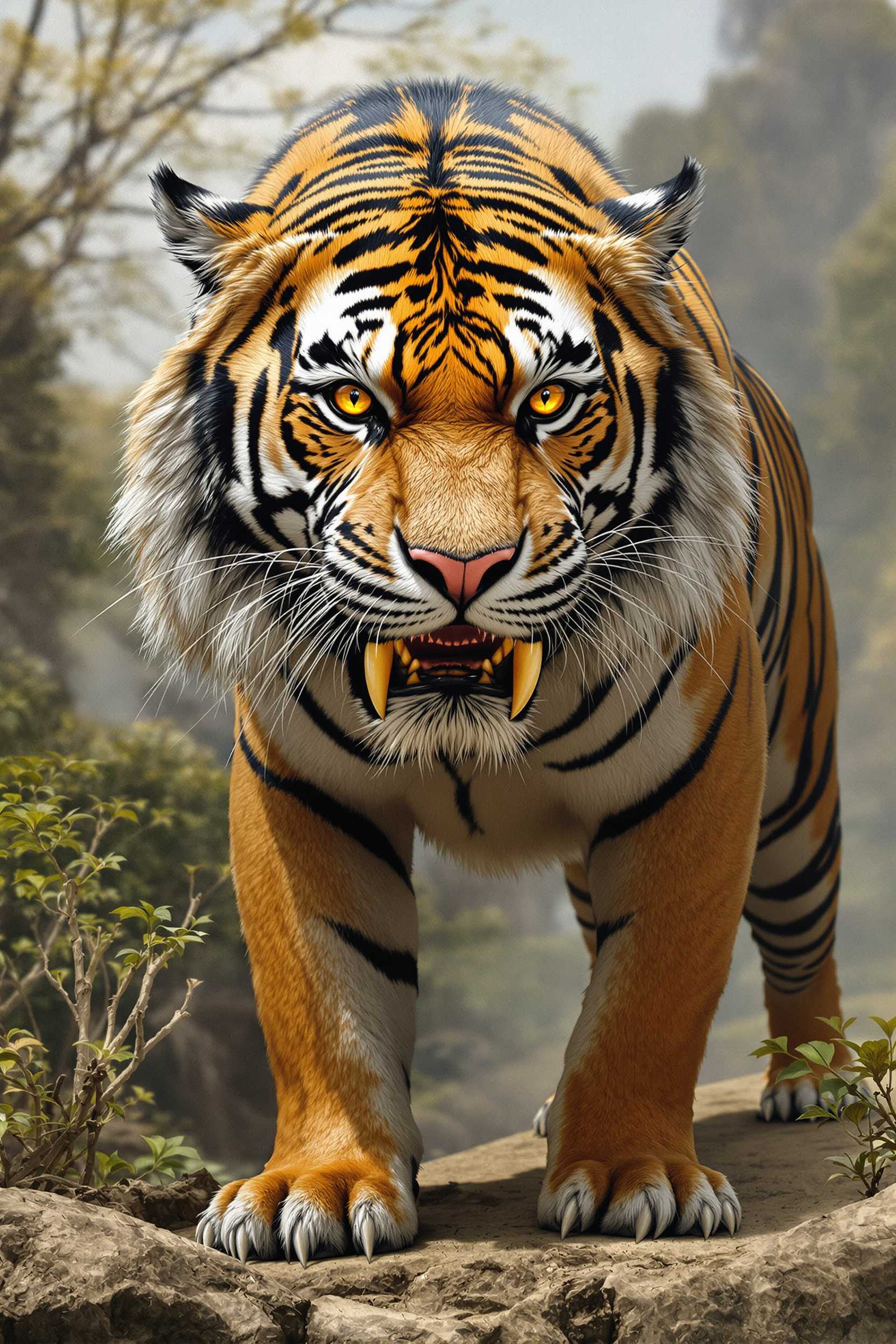 A majestic, ancient saber-tooth tiger, its razor-sharp long  fangs now  stands stoically amidst a prehistoric landscape. In this intricately detailed, photo real,tiger's striped fur is depicted in rich shades of amber and black, its amber eyes glistening with wisdom and strength. The artist's meticulous detail, bring out the texture of the tiger's powerful muscles and claws, capturing the essence of a bygone prehistric era with awe-inspiring realism.

