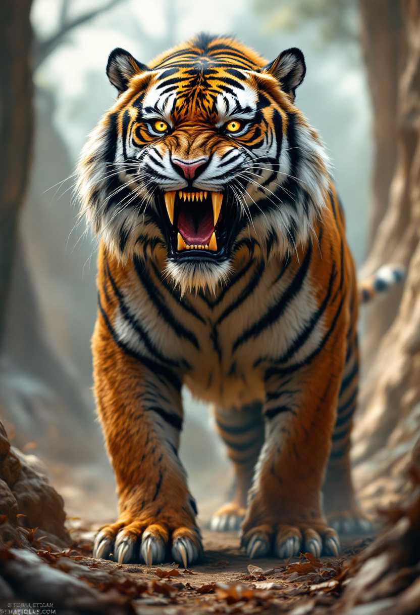 A majestic, ancient saber-tooth tiger, its razor-sharp long  fangs now  stands stoically amidst a prehistoric landscape. In this intricately detailed, photo real,tiger's striped fur is depicted in rich shades of amber and black, its amber eyes glistening with wisdom and strength. The artist's meticulous detail, bring out the texture of the tiger's powerful muscles and claws, capturing the essence of a bygone prehistric era with awe-inspiring realism.
