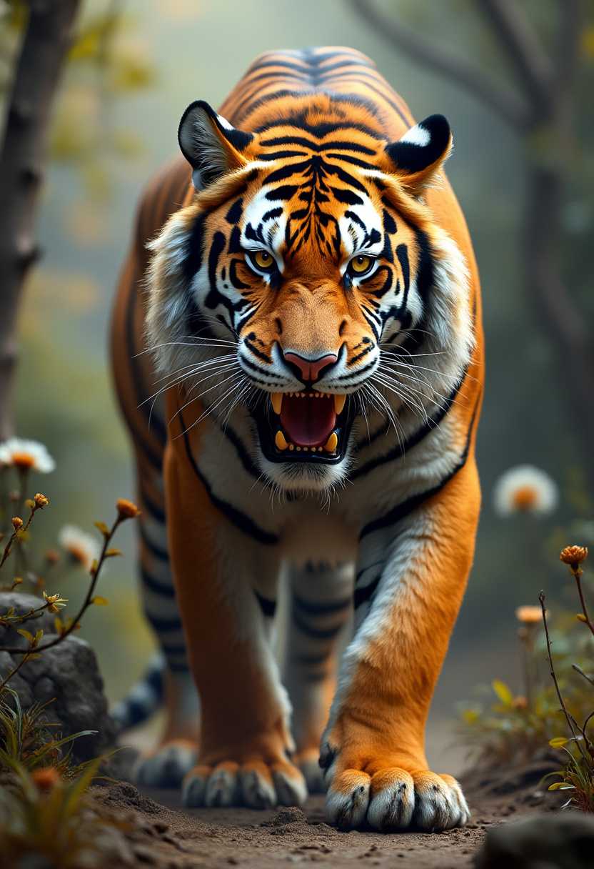 A majestic, ancient saber-tooth tiger, its razor-sharp 10"long  fangs now  stands stoically amidst a prehistoric landscape. In this intricately detailed, photo real,tiger's striped fur is depicted in rich shades of amber and black, its amber eyes glistening with wisdom and strength. The artist's meticulous detail, bring out the texture of the tiger's powerful muscles and claws, capturing the essence of a bygone prehistric era with awe-inspiring realism.
