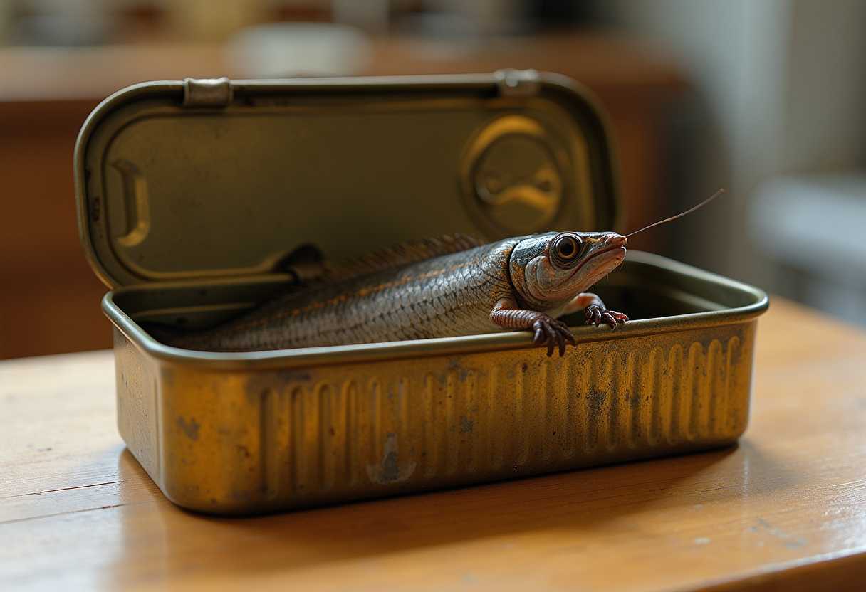 A old sardine can with the lid peeled back halfway with a strange creature crawling out of it on a kitchen table.