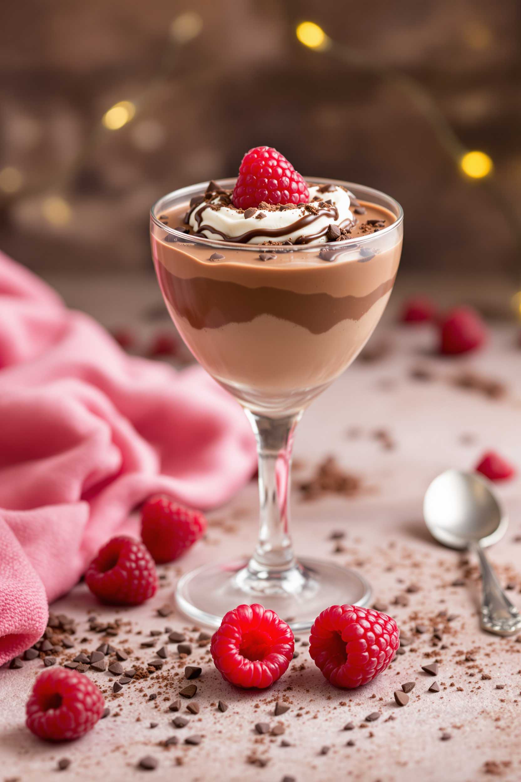 CREATE AN IMAGE OF A DESSERT IN A GLASSdessert in a glass of chocolate and raspberry cream!
