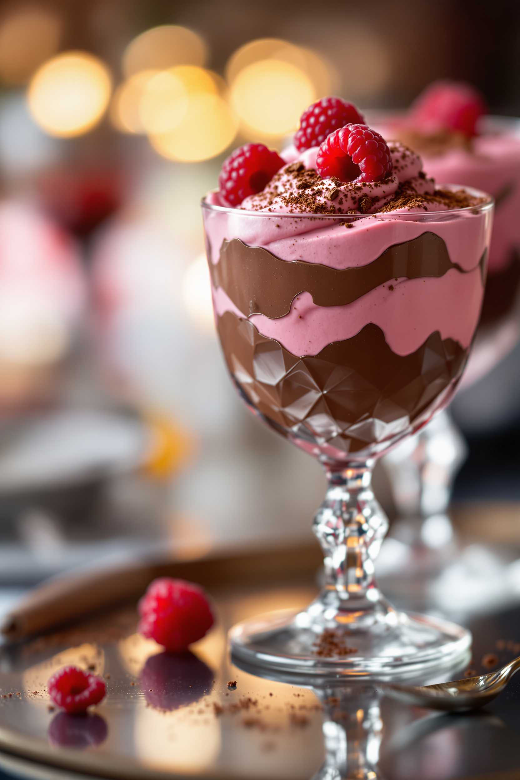 A tempting and elegant dessert served in a crystal-clear glass goblet, showcasing layers of rich, velvety chocolate cream and vibrant raspberry cream, delicately swirled together. The chocolate cream is a deep, luscious brown, with a silky, smooth texture, while the raspberry cream is a vivid, tantalizing pink, speckled with tiny seeds for a natural touch. Topped with a delicate sprinkle of cocoa powder and a few fresh raspberries, the dessert catches the soft, warm glow of ambient lighting, enhancing its luxurious appeal. The glass sits on a reflective surface, creating a seamless blend of reflections and real elements, with a softly blurred background that suggests a refined dining setting. This image captures the essence of indulgence and sophistication, with a focus on rich colors and creamy textures in a classic yet modern composition. Photographed with a shallow depth of field, the focus is on the textural details of the dessert, inviting the viewer to savor the visual delight.