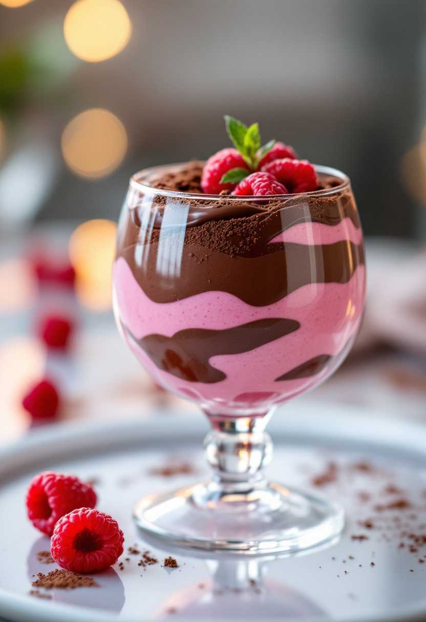 A tempting and elegant dessert served in a crystal-clear glass goblet, showcasing layers of rich, velvety chocolate cream and vibrant raspberry cream, delicately swirled together. The chocolate cream is a deep, luscious brown, with a silky, smooth texture, while the raspberry cream is a vivid, tantalizing pink, speckled with tiny seeds for a natural touch. Topped with a delicate sprinkle of cocoa powder and a few fresh raspberries, the dessert catches the soft, warm glow of ambient lighting, enhancing its luxurious appeal. The glass sits on a reflective surface, creating a seamless blend of reflections and real elements, with a softly blurred background that suggests a refined dining setting. This image captures the essence of indulgence and sophistication, with a focus on rich colors and creamy textures in a classic yet modern composition. Photographed with a shallow depth of field, the focus is on the textural details of the dessert, inviting the viewer to savor the visual delight.