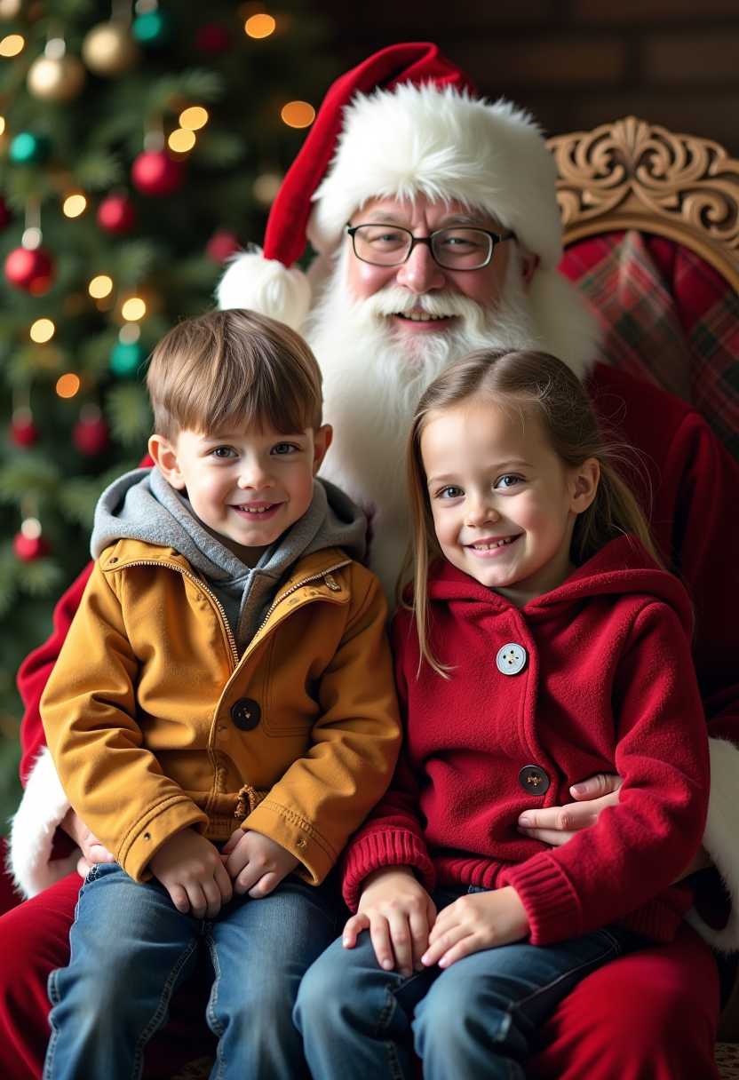 photorealistic image of a toddler boy and a girl, dressed in warm clothes, sitting on Santa's lap