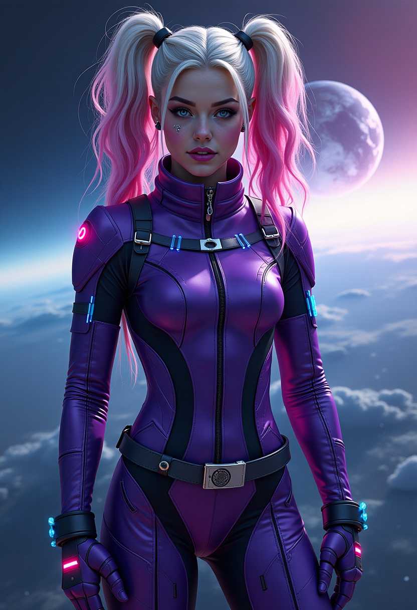 Inspired by Jan, Harley quinn astronaut fusturic purple spacesuit form fitting with blue glowing accents,lip piercing detailed with glowing pink accents, lip piercing, background detailed view of earth in distance sc-fi and space exploration theme cosmic full length image