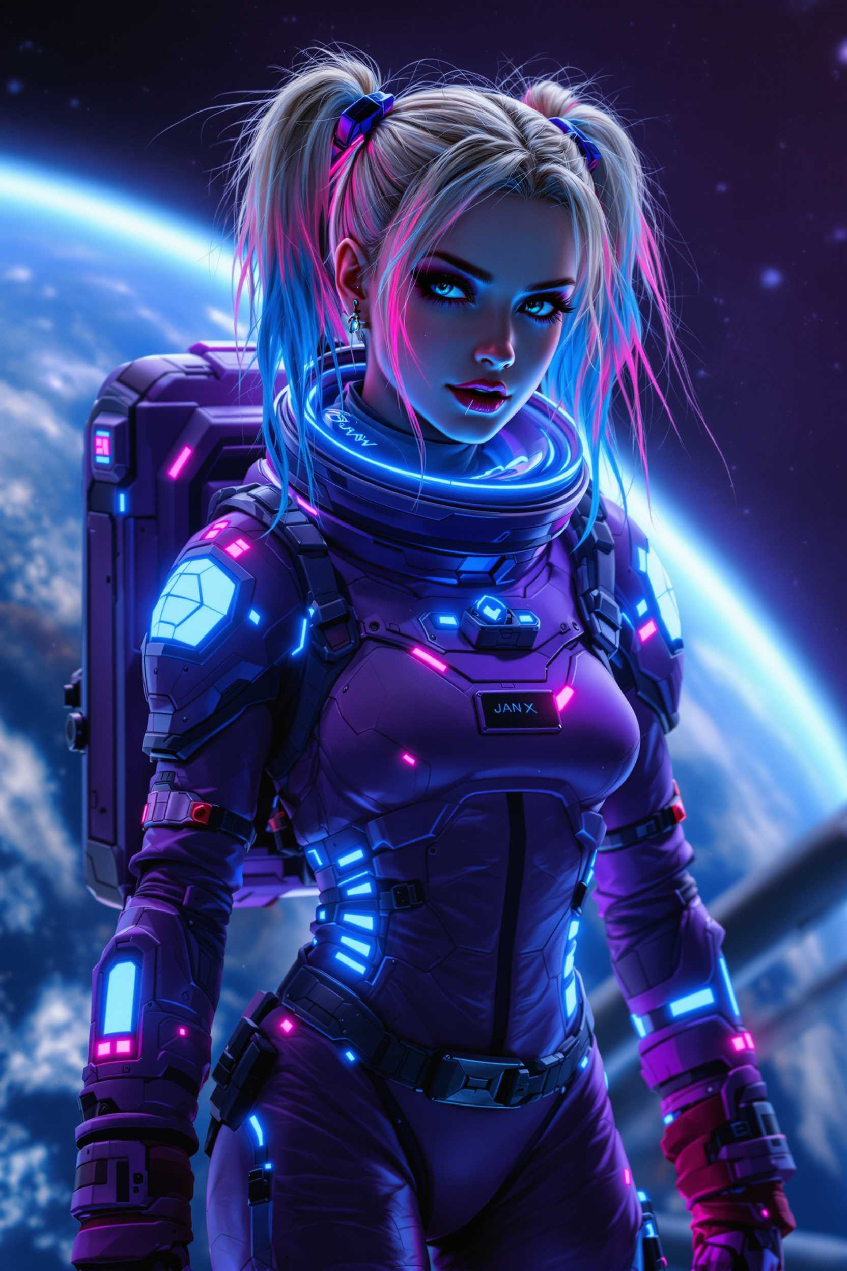 Inspired by Jan, Harley quinn astronaut fusturic purple spacesuit form fitting with blue glowing accents,lip piercing detailed with glowing pink accents, lip piercing, background detailed view of earth in distance sc-fi and space exploration theme cosmic full length image