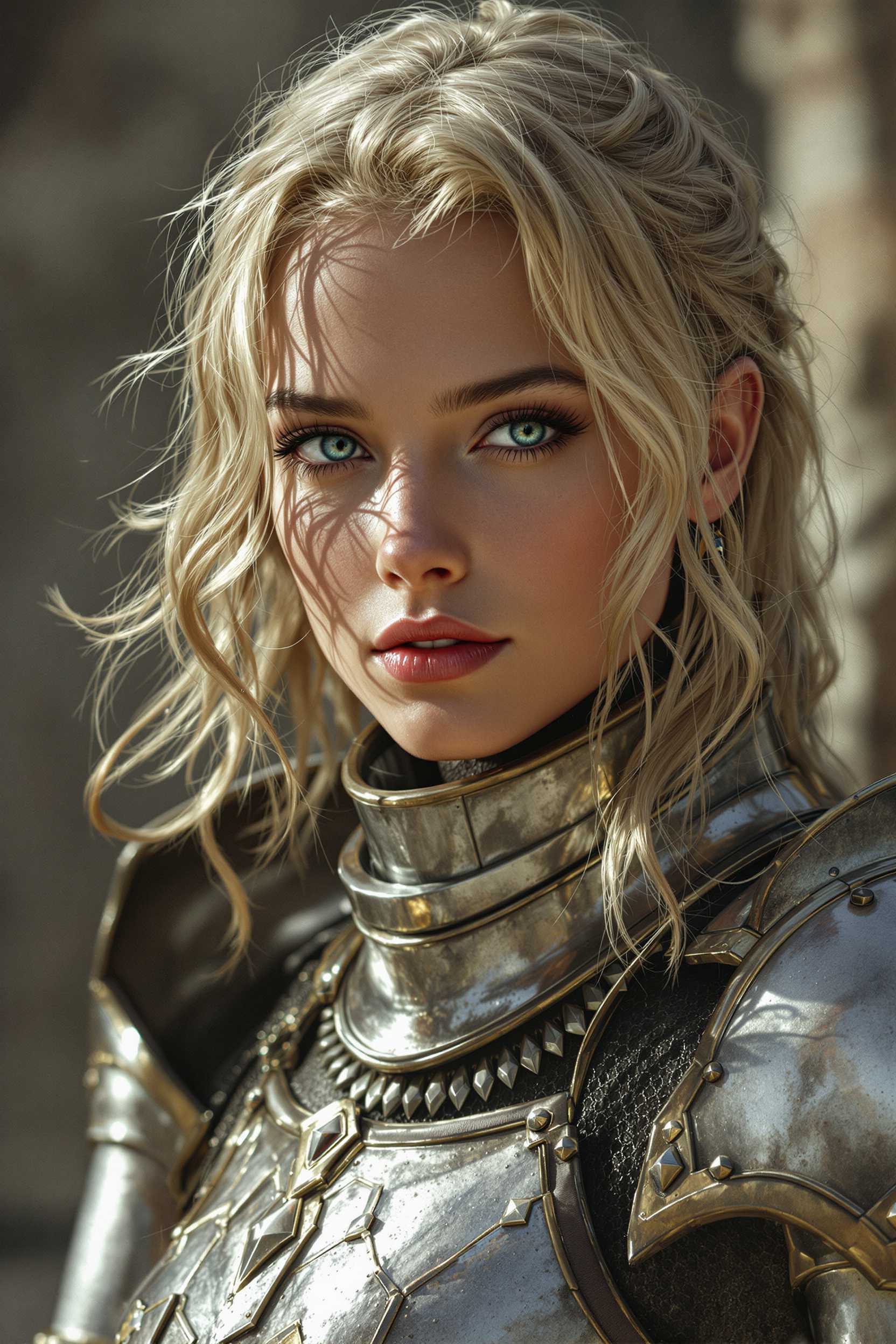 Subject is a young woman. Medium blonde hair. She is a knight in articulated lightweight armor. Imagine the world she lives in has been overtaken by evil forces. Hyper realistic.
