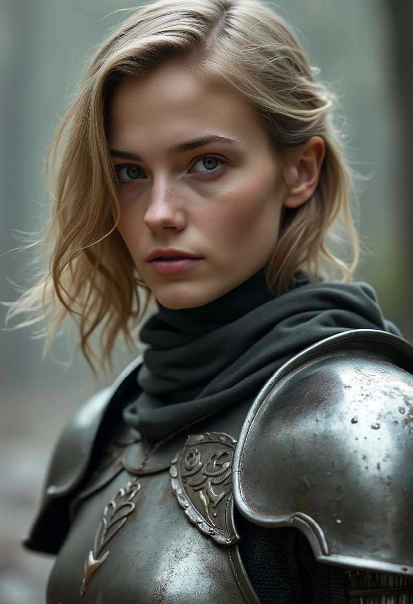 Subject is a young woman. Medium blonde hair. She is a knight in articulated lightweight armor. Imagine the world she lives in has been overtaken by evil forces. Hyper realistic.
