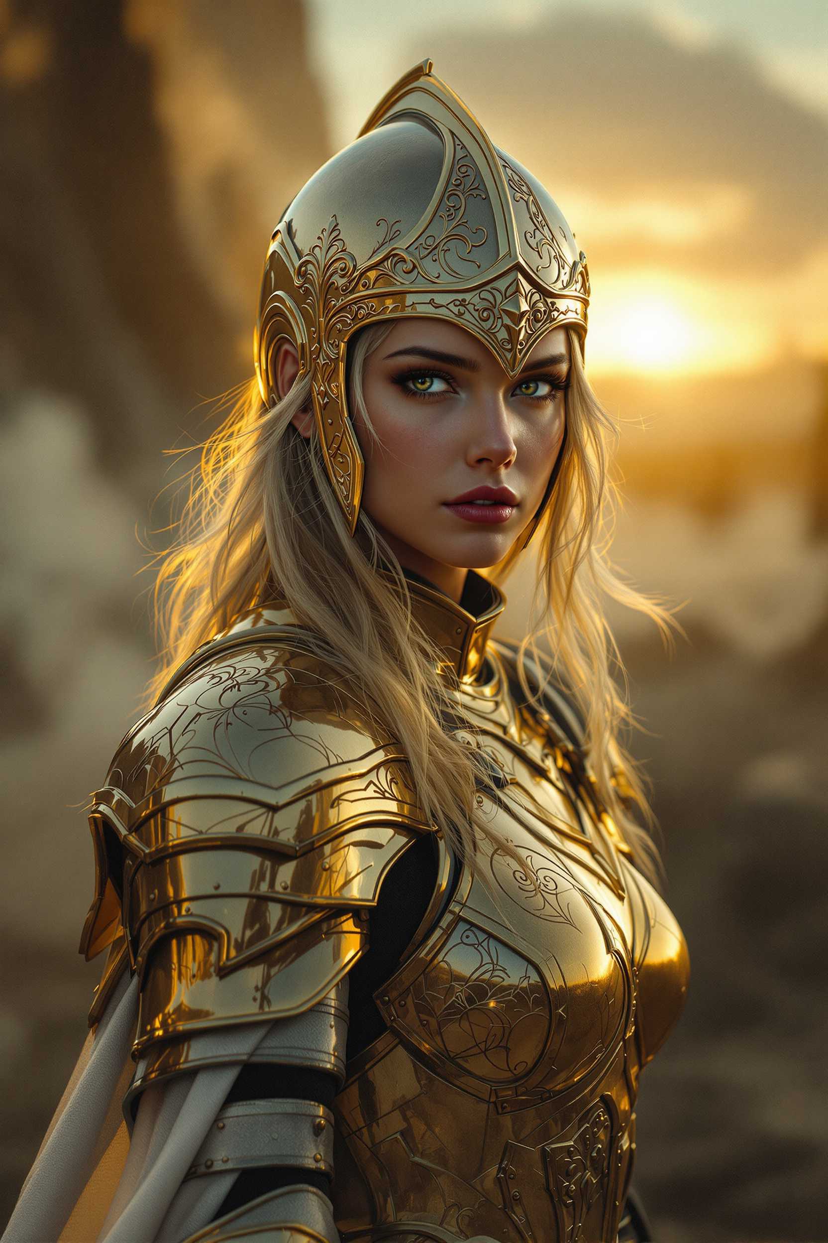 A hyper-realistic portrait of a young woman with medium blonde hair, her locks cascading gently beneath a majestic helmet. She stands as a solitary knight, adorned in intricately crafted, lightweight golden armor that gleams with an ethereal sheen. The incredibly detailed armor reflects the soft, ambient glow of a dim twilight as shadows lengthen across a barren battlefield. Her eyes hold a fierce determination, defending a realm besieged by dark, malevolent forces. The setting sun casts a dramatic interplay of warm, golden light and elongated shadows, highlighting the solemn beauty of the scene. The world behind her is enveloped in an ominous mist, suggesting the ever-looming presence of evil. Positioned with strength and poise, her form is captured in a dynamic angle that emphasizes her readiness and strength, while soft lighting accentuates the intricate details of her armor and the emotional depth of the atmosphere.