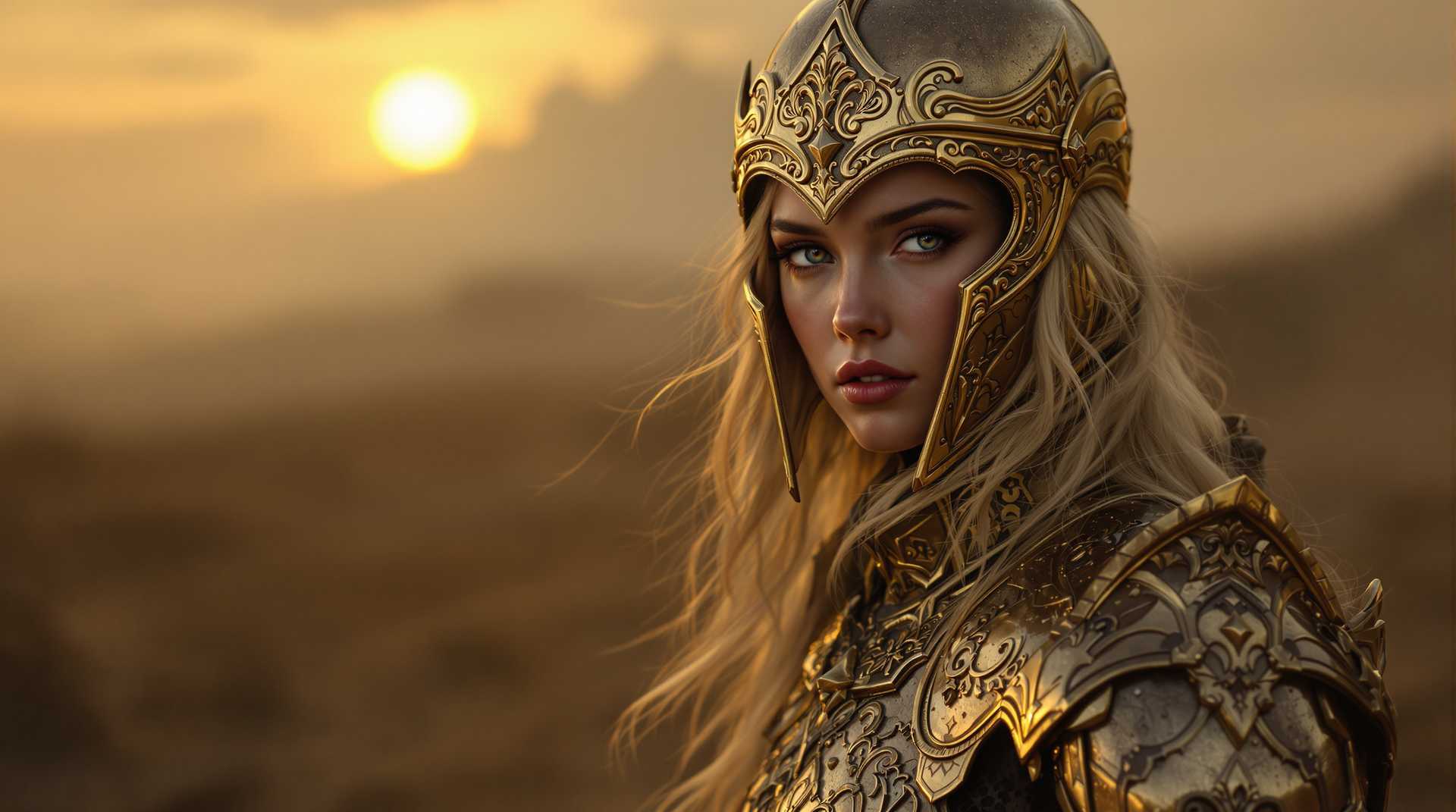 A hyper-realistic portrait of a young woman with medium blonde hair, her locks cascading gently beneath a majestic helmet. She stands as a solitary knight, adorned in intricately crafted, lightweight golden armor that gleams with an ethereal sheen. The incredibly detailed armor reflects the soft, ambient glow of a dim twilight as shadows lengthen across a barren battlefield. Her eyes hold a fierce determination, defending a realm besieged by dark, malevolent forces. The setting sun casts a dramatic interplay of warm, golden light and elongated shadows, highlighting the solemn beauty of the scene. The world behind her is enveloped in an ominous mist, suggesting the ever-looming presence of evil. Positioned with strength and poise, her form is captured in a dynamic angle that emphasizes her readiness and strength, while soft lighting accentuates the intricate details of her armor and the emotional depth of the atmosphere.
